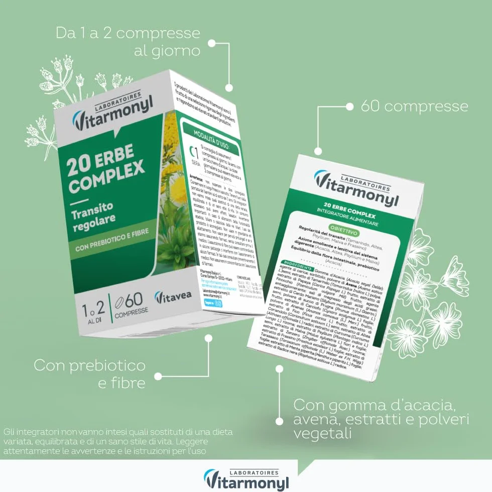 Vitarmonyl 20 Erbe Complex 60 Compresse Transito Regolarità Intestinale Prebiotico Fibre