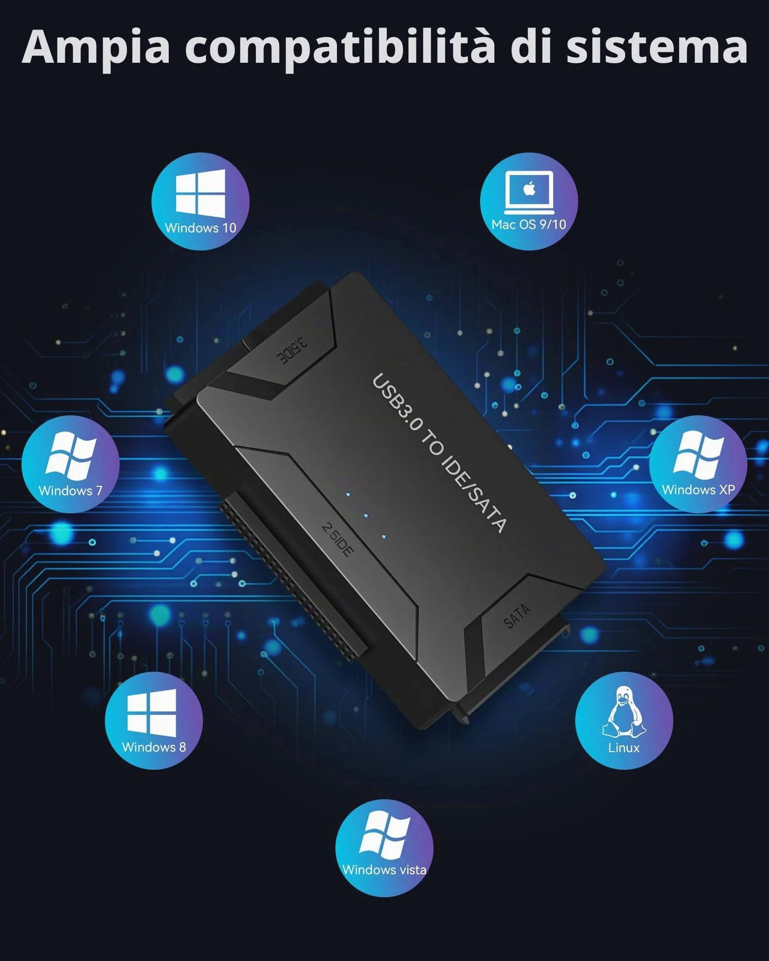 Adattatore IDE USB 3.0, USB 3.0 a SATA universale per dischi rigidi 2,5 e 3,5 pollici HDD/SSD con alimentatore 12 V 2 A