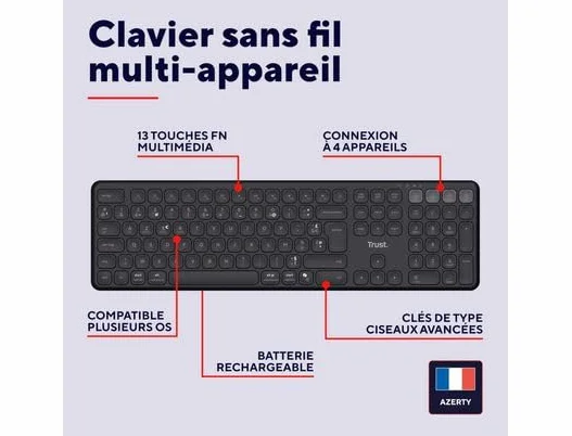 Trust Vaiya Tastiera senza fili Bluetooth 2,4 GHz AZERTY francese ricaricabile multidispositivo Windows iOS iPadOS macOS Android
