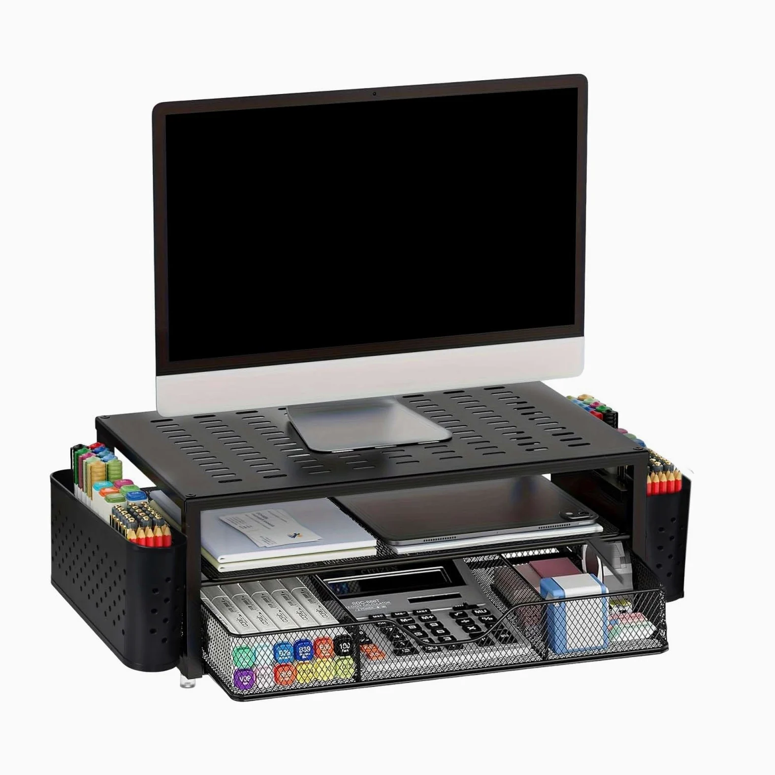 Alzaschermo con Cassetto e 2 Portapenne – Organizzatore da Scrivania Ergonomico per Monitor e Laptop, Supporto per Accessori Ufficio e Sistema di Archiviazione per Home Office