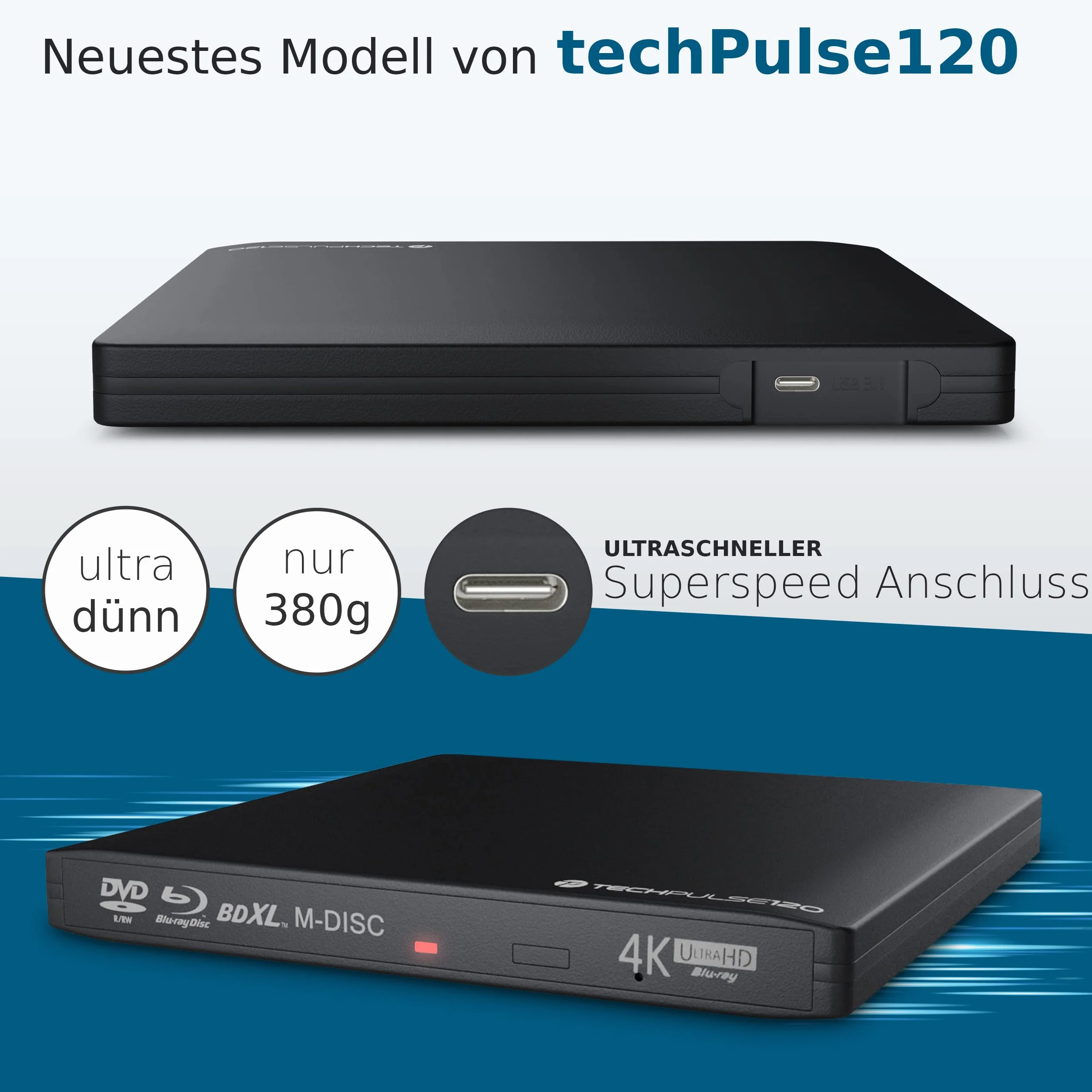 techPulse120 Esterno UHD USB 3.1 4K-Ultra HD Masterizzatore Lettore Blu-ray Blue BD Player BDXL Burner per PC USB-C M-Disc lettori BluRay 4K USB UltraHD nativo Alu Nero