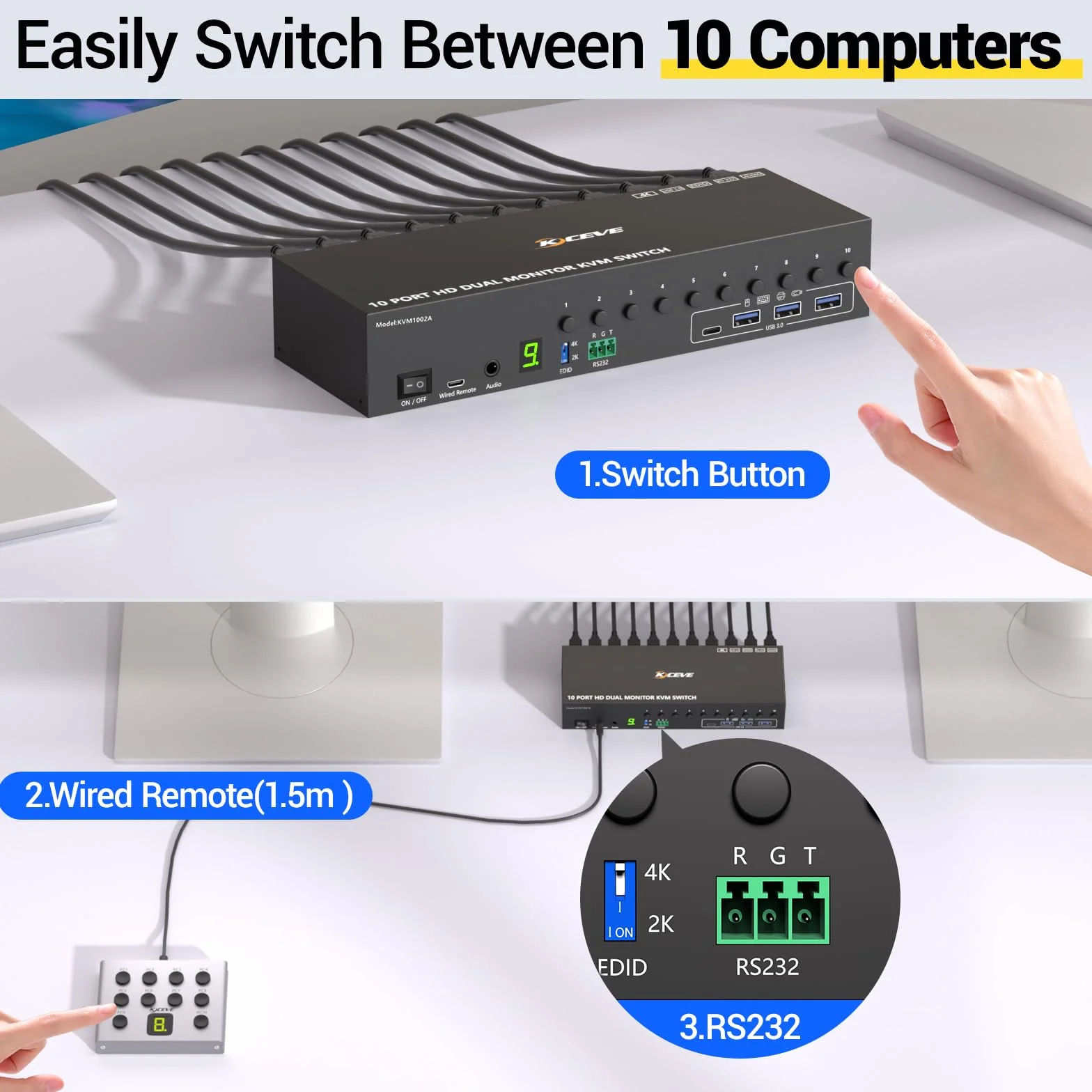 10 Porte HDMI KVM Switch 2 Monitor 10 PC 4K@60Hz Simulazione EDID, 2 Monitor KVM Switch 10 PC con 4 porte USB 3.0, Audio RS232, con Controller 12V Power, Telecomando con Cavo e 10 Cavi USB