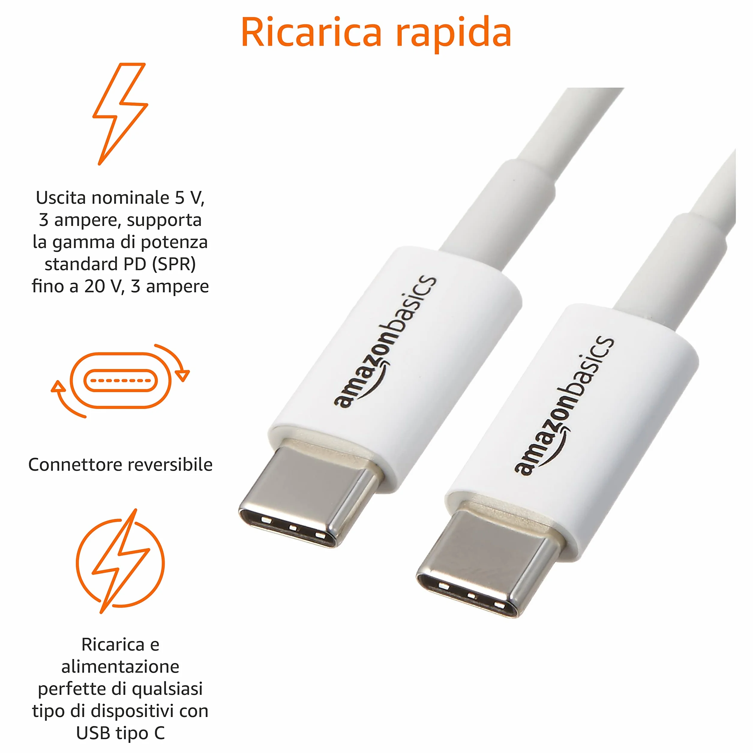 Amazon Basics Cavo di ricarica rapida USB-C a USB-C 480 Mbps certificato USB-IF 1.8 m bianco