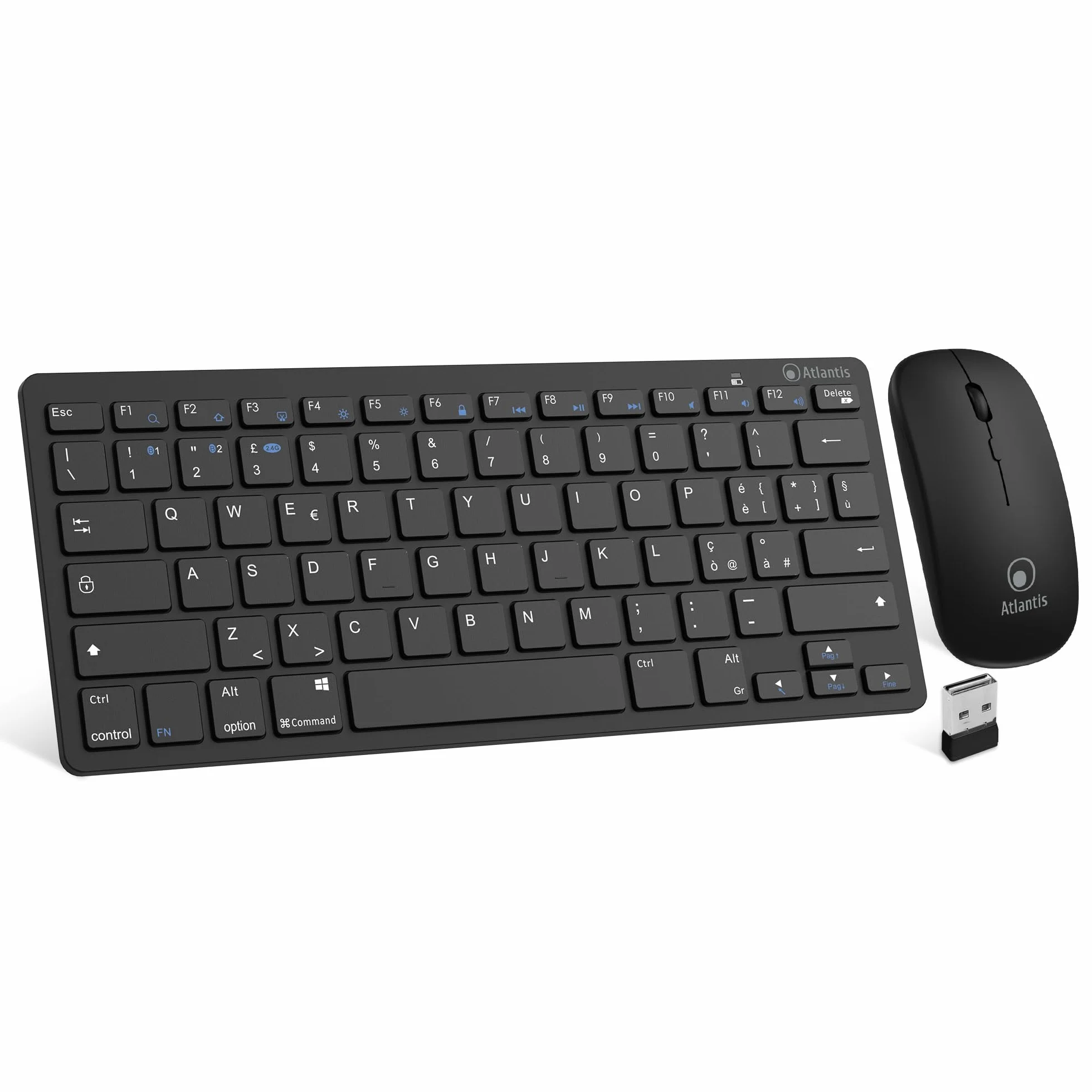 Atlantis ARGO 900Pro Combo KIT Mini Tastiera Ultraslim + Mouse - Wireless senza fili RF + Bluetooth, QWERTY 78 tasti “chocolate key”, per PC/Notebook/Smartphone/Tablet/iOS/Android, Nero