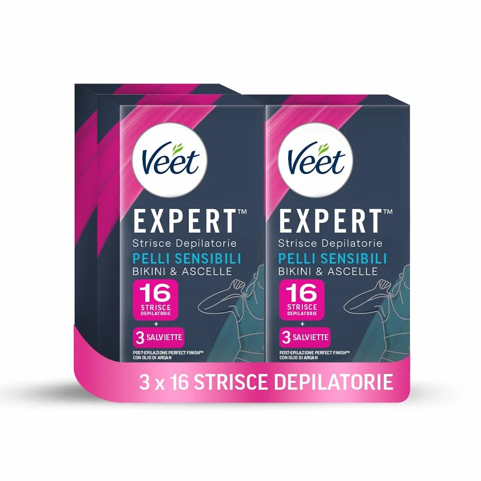 Veet Expert Strisce Depilatorie Ascelle e Zona Bikini, Ceretta Pelli Sensibili con Olio di Mandorla, 3x16 Strisce + 9 Salviette
