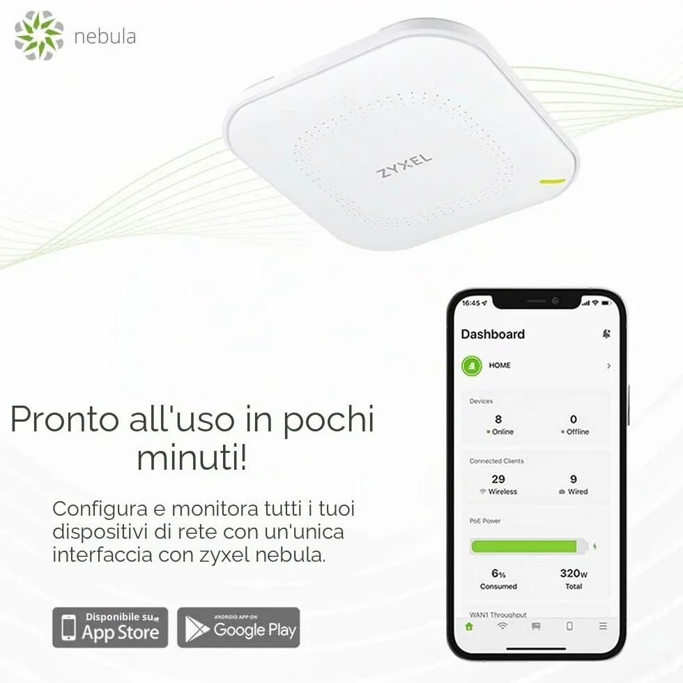 Zyxel WiFi 6 AX1800 Wireless Access Point | 802.11ax Dual Band | 1,77 Gbps | PoE | Gestibile Tramite Nebula App/Cloud o Standalone | Fino a 4 Reti Separate | Alimentatore Incluso [NWA50AX]