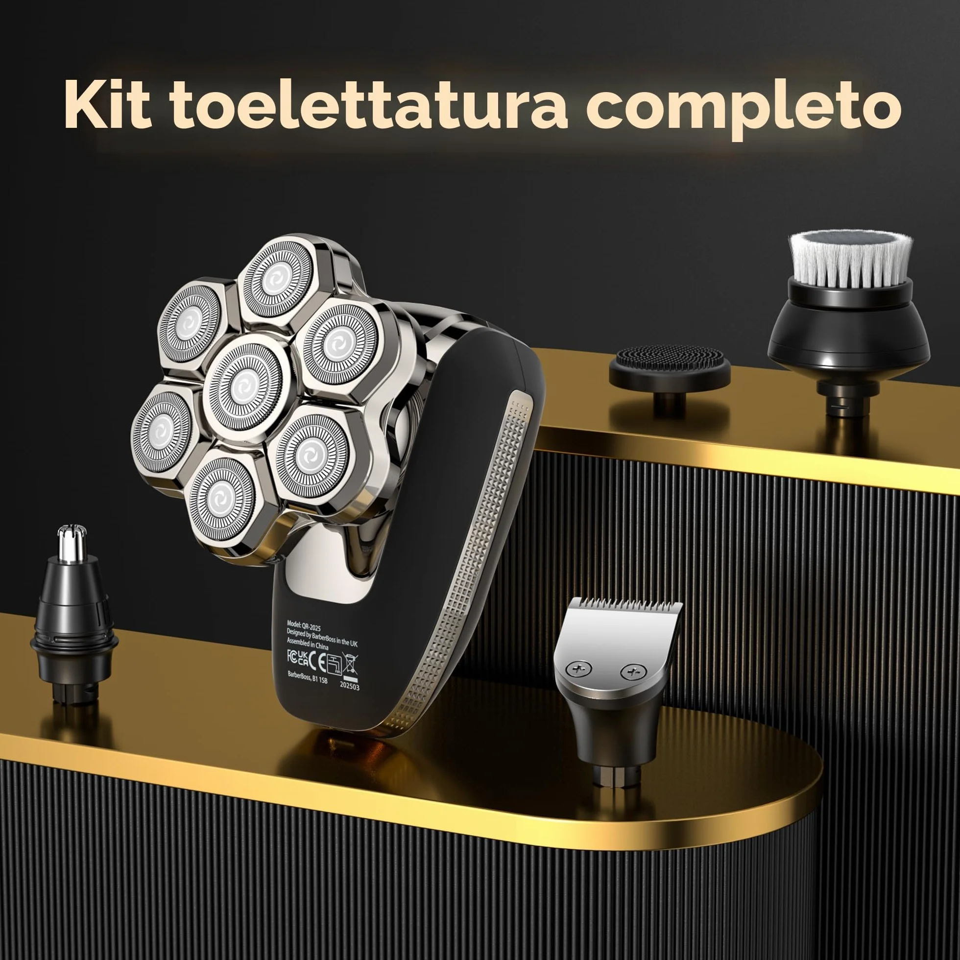 BarberBoss Rasoio testa calva 7D uomo, rasoio rotante magnetico 5 in 1 con display LED, ricarica USB-C