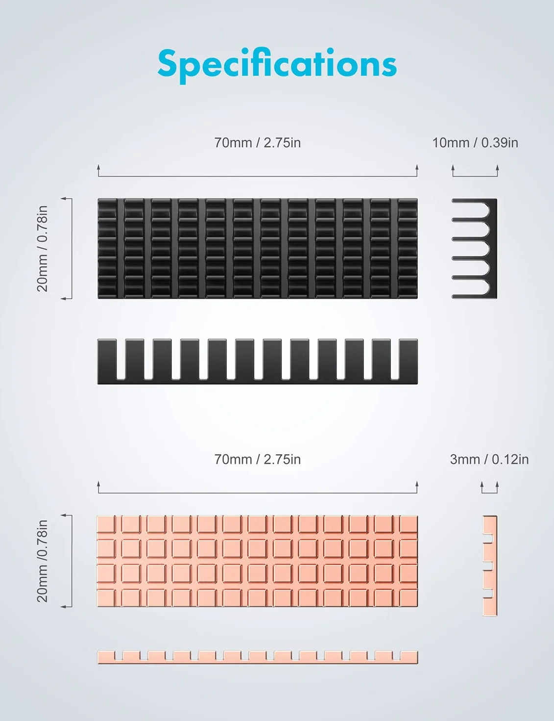 GRAUGEAR | 2x set di dissipatori di calore per M.2 NVMe SSD (2280) | passivo | 1x adatto (3mm, rame) per PlayStation®5 | 4x heatpads | alluminio | rame | G-M2HS02