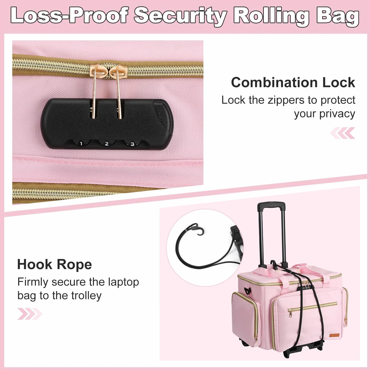 Housolution Borsa Insegnante con Ruotata, Borsa Tote con Trolley Staccabile, Valigetta Lavoro con Ruote per Laptop, Carrello Portadocument Organizer a Fisarmonica, Adatta per Laptop da con 15,6", Rosa