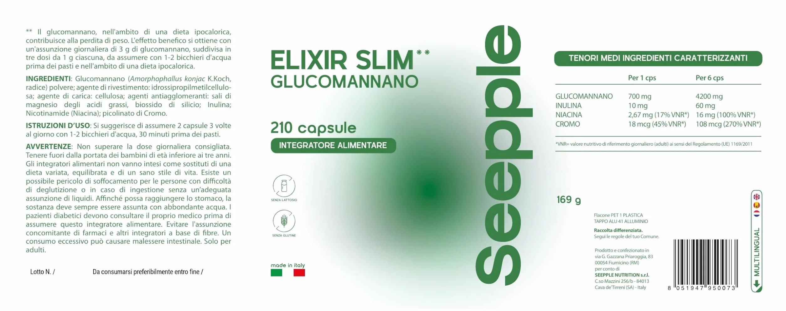 ELIXIR SLIM GLUCOMANNANO Integratore Controllo del Peso 210 Capsule Made In Italy