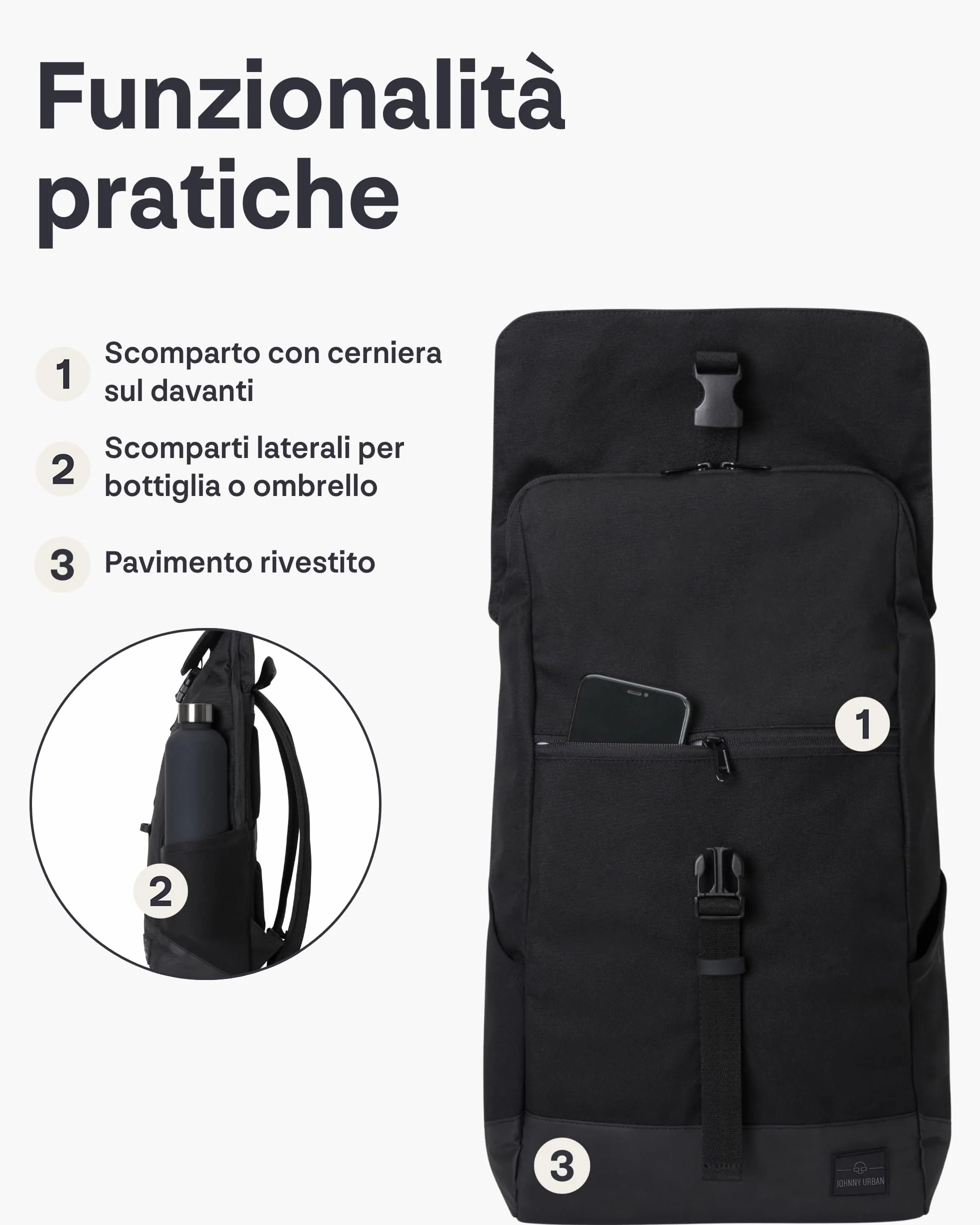 Johnny Urban Zaino Donna e Uomo Nero - MIKA - Zainetto con Vano per PC Portatile 16 Pollici - Backpack per Lavoro, Viaggio, Università - Impermeabile