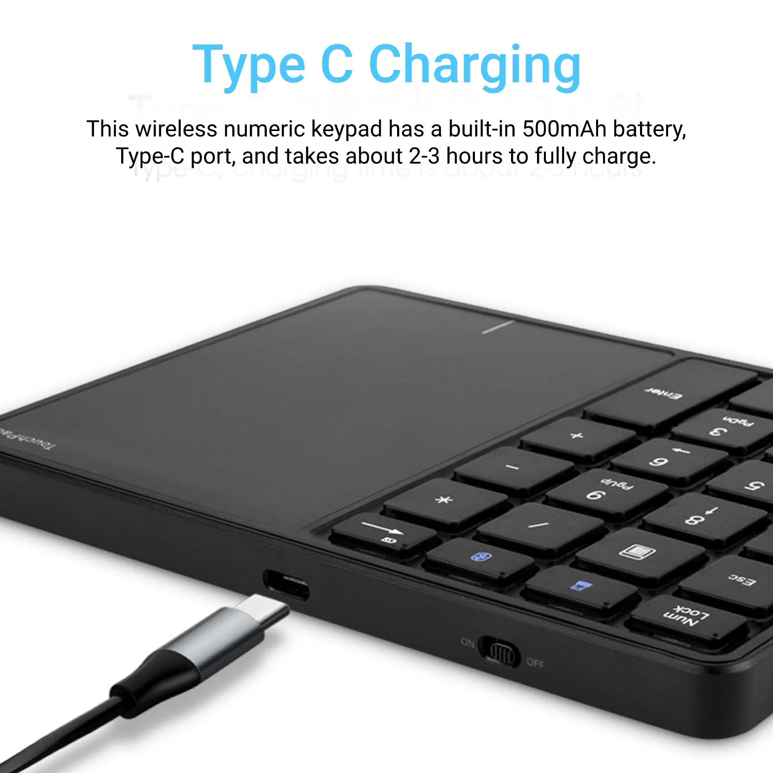 Yunseity Tastierino Numerico Wireless 2.4G con Touchpad, Tastierino Numerico Portatile Bluetooth a 22 Tasti, Tastiera Numerica Ricaricabile USB C per Contabilità Finanziaria(Nero)