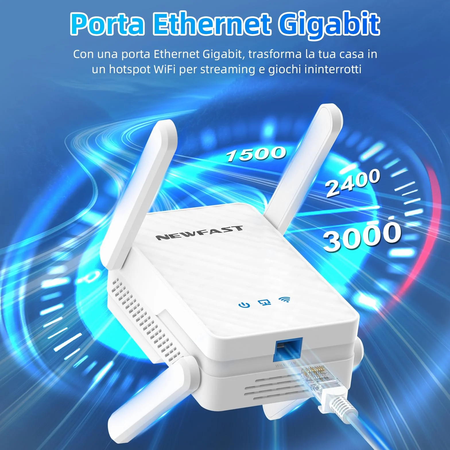 NEWFAST 3000Mbps Ripetitore WiFi Potente per Casa, WiFi6 WiFi Extender Dual Band 2.4G/5GHz con 4 * 5dBi Antenne, Porta Gigabit Ethernet, WPS Funzione, Supporta Modalità Ripetitore/Router/AP