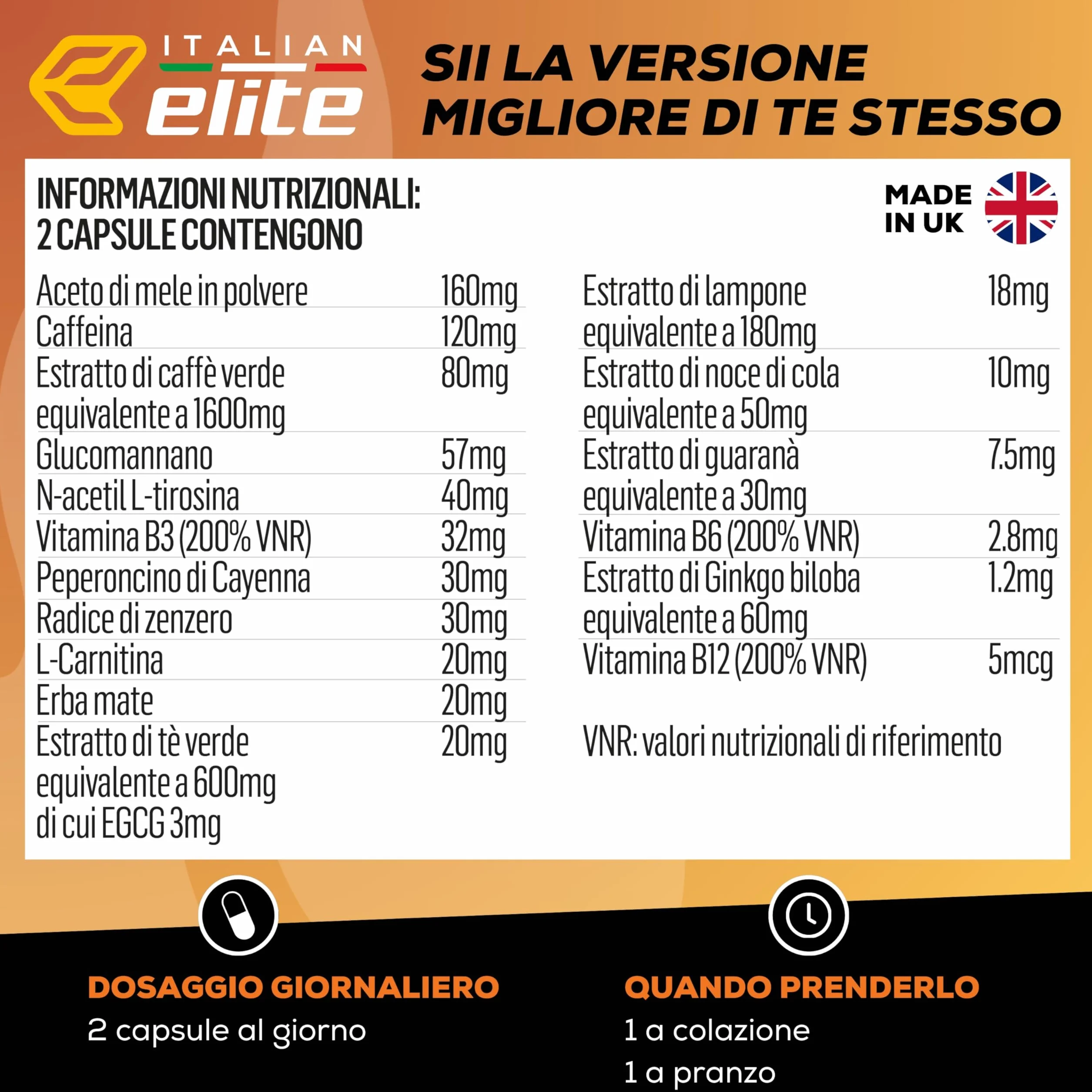 Italian Elite Elite Extreme 60 Capsule Integratore Alimentare Caffeina Tè Verde Carnitina Glucomannano Aceto di Mele Guaranà