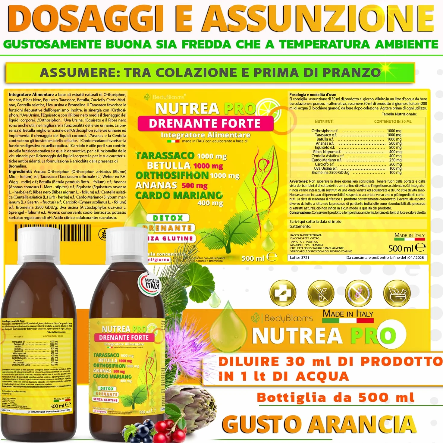 NUTREA PRO Drenante Anticellulite Dimagrante Forte 500ml con Bromelina e Tarassaco