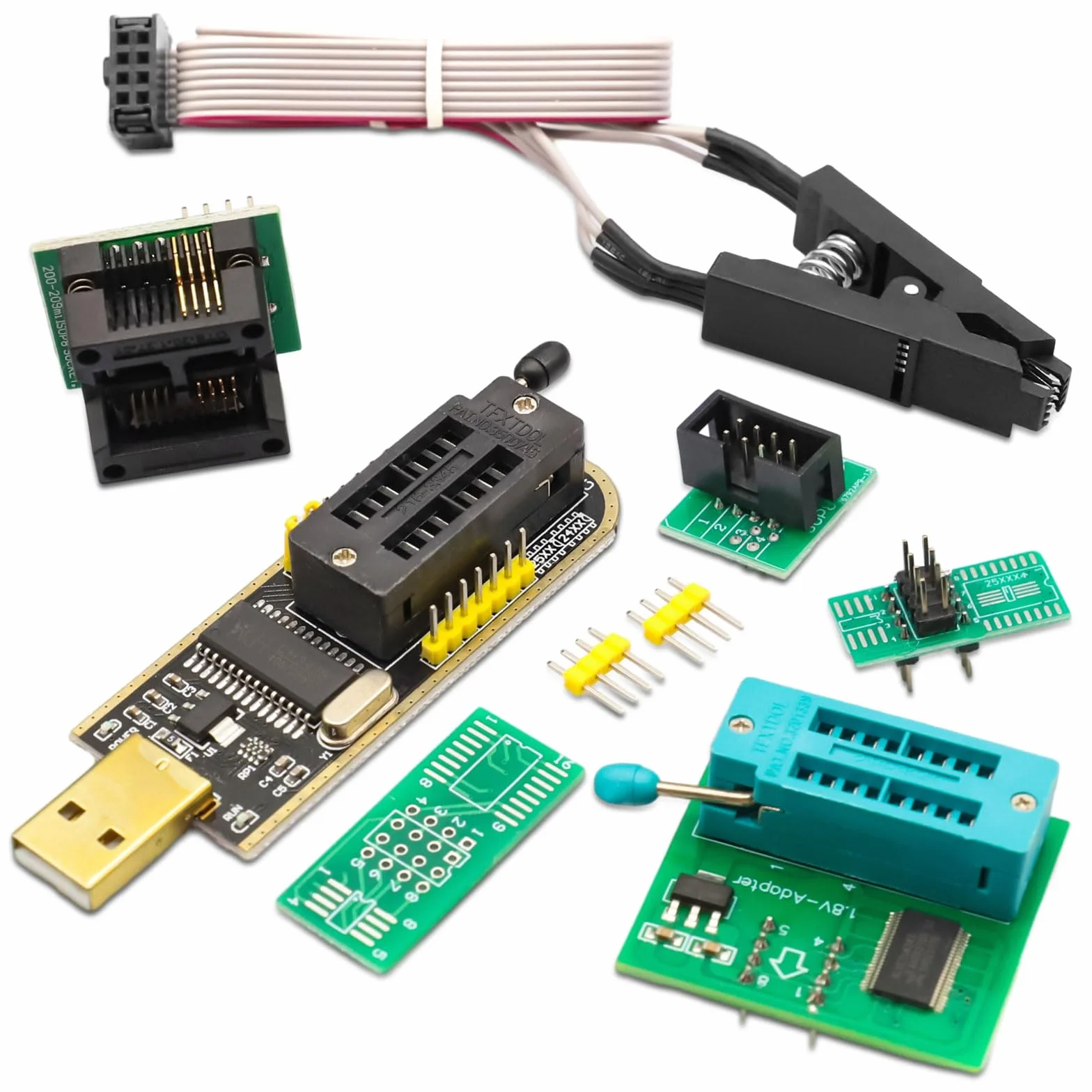 SOIC8 SOP8 Test Clip per EEPROM 25CXX / 24CXX, Programmatore USB BIOS CH341A + Adattatore da 1,8 V per 24 Serie 25 Flash