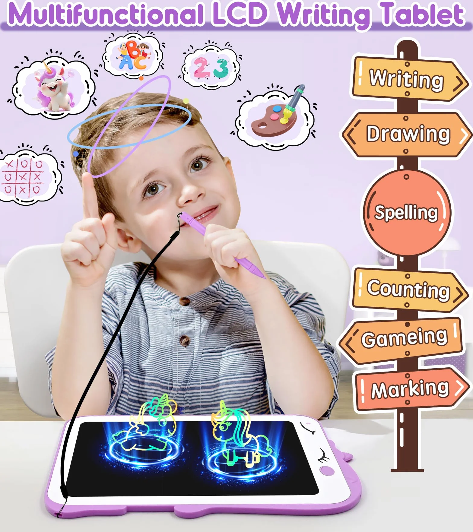 Tavoletta Grafica LCD 8.5 Pollici Lavagnetta Cancellabile Giochi Educativi 3-7 Anni Porpora