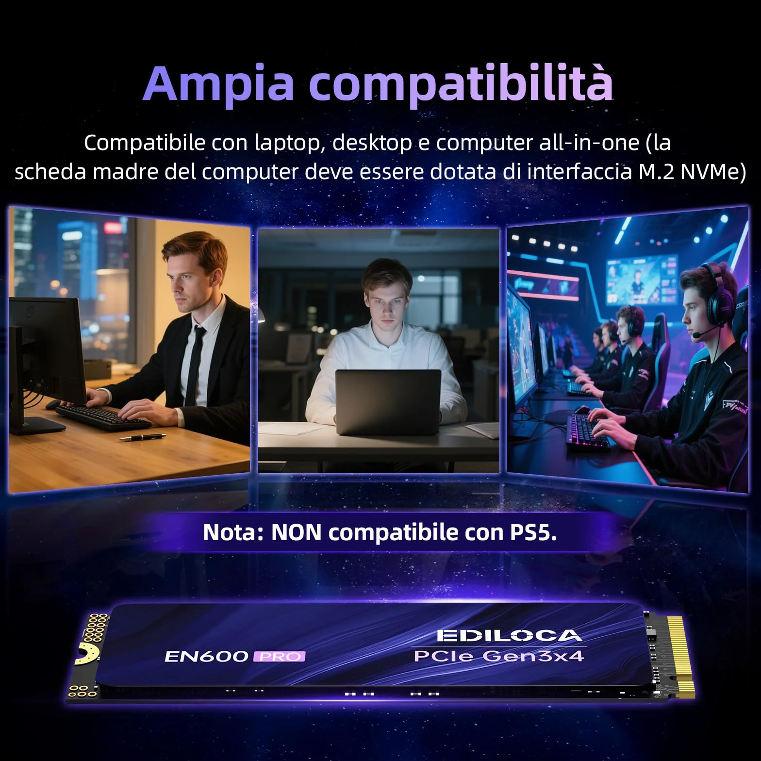 Ediloca EN600 PRO 256GB SSD Interno PCIe Gen3, NVMe M.2 2280, cache SLC, 2800 MB/s in lettura, 1400 MB/s in scrittura, 3D NAND TLC, Unità a stato solido interne, compatibile con desktop e laptop