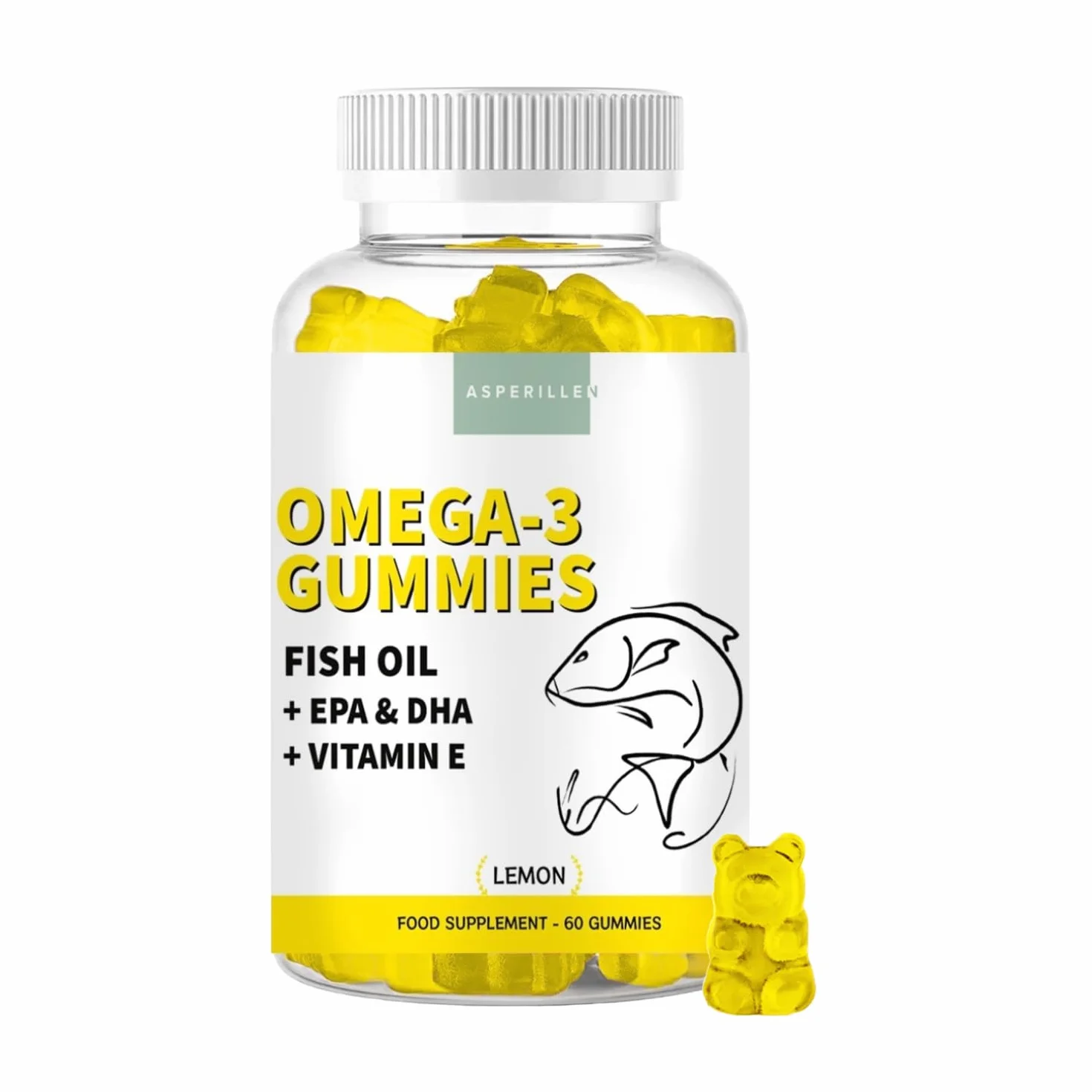 Omega 3 Gummies Olio di Pesce con Vitamina E - Alto Dosaggio EPA 400mg DHA 200mg - 60 Unità Gusto Limone
