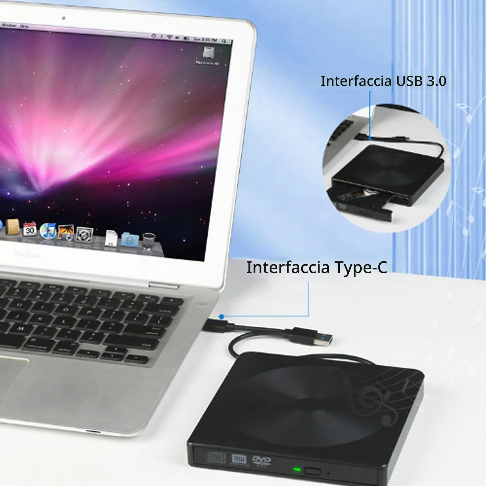 GERUI Unità DVD esterna, masterizzatore CD DVD Player USB 3.0 Type-C Writer DVD/CD +/-RW CD Drive per PC Laptop Desktop con Mac/OS//Linux/Win11/Win10/Win8/XP