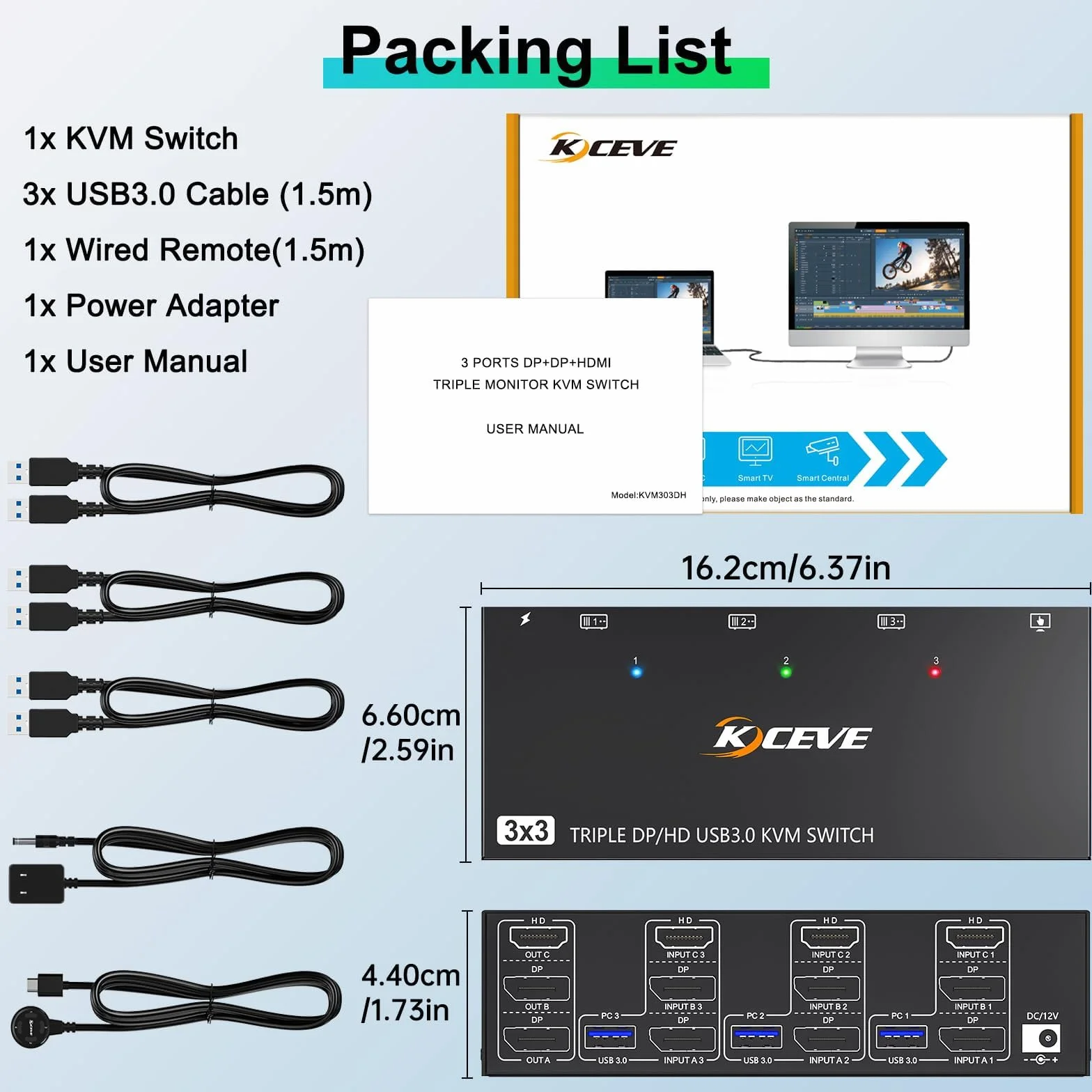 USB 3.0 Switch KVM 3 PC 3 Monitor 8K@60Hz 4K@144Hz, MLEEDA HDMI+2 Displayport Switch KVM 3 PC Condividi 3 Monitor e 4 Dispositivi USB 3.0, con Alimentatore da 12V DC, Telecomando Cablato e 3 Cavi USB