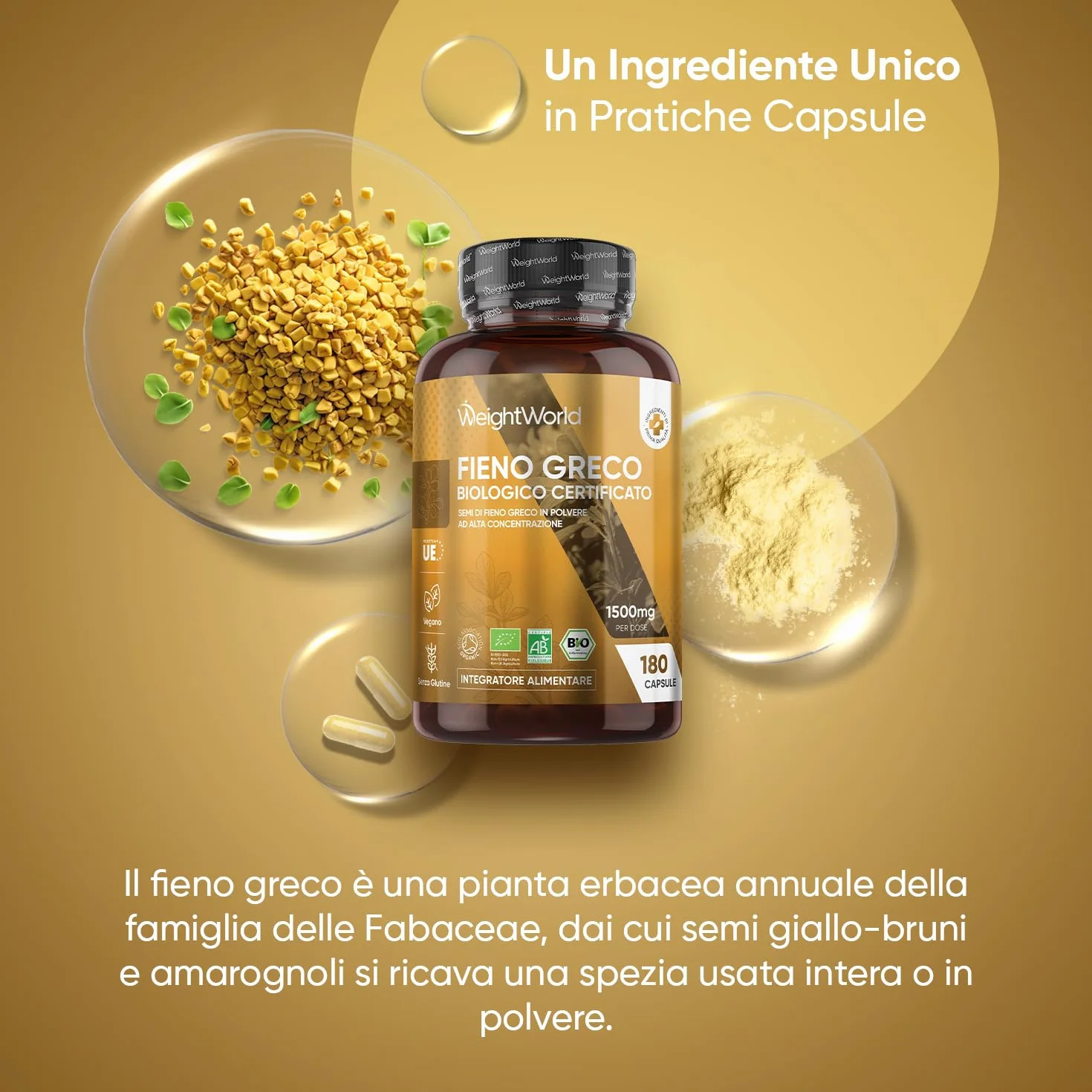 Fieno Greco Bio Integratore Capsule 1500mg per Dose, 3 Mesi, Vegano, Certificato, Senza OGM