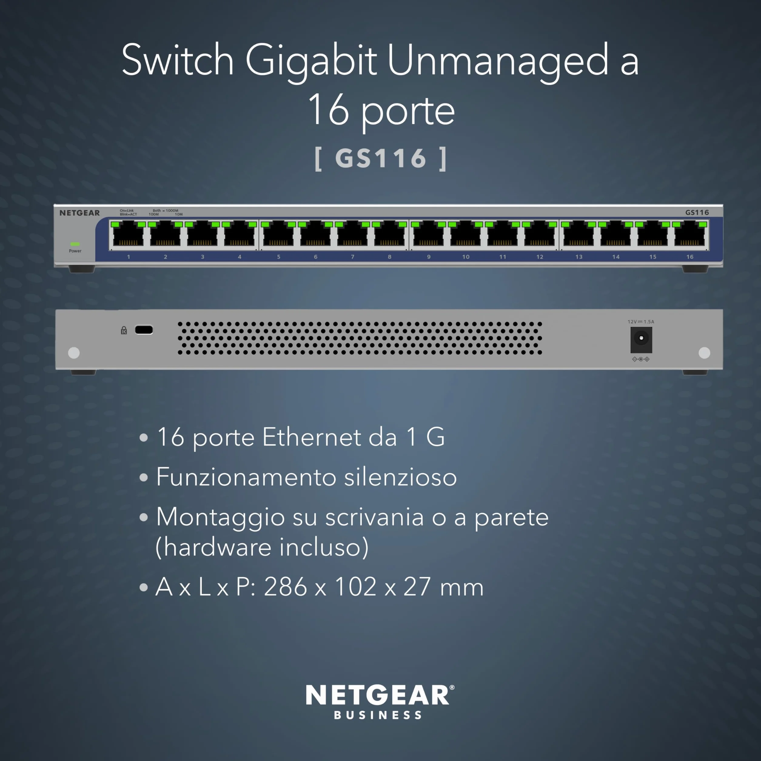 NETGEAR Switch Gigabit a 16 porte, Switch Ethernet GS116V3 - Montaggio desktop o a parete e garanzia limitata a vita