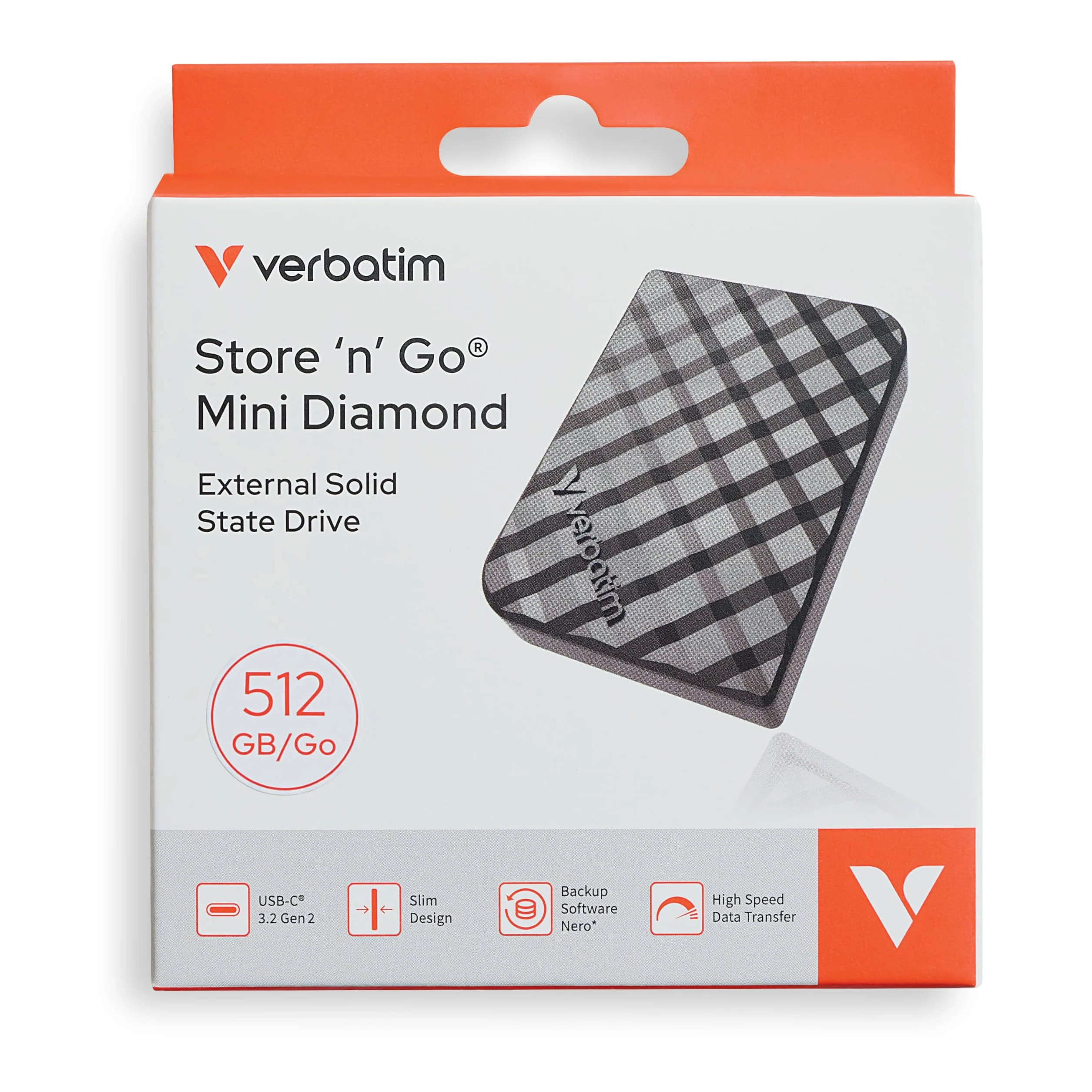 Verbatim Store 'n' Go Mini Diamond Portable SSD 512GB, USB 3.2 Gen 1 con adattatore USB-C 1000MB/s, compatto 35g, trasferimento dati ad alta velocità, software di backup nero, per PC e Mac, nero