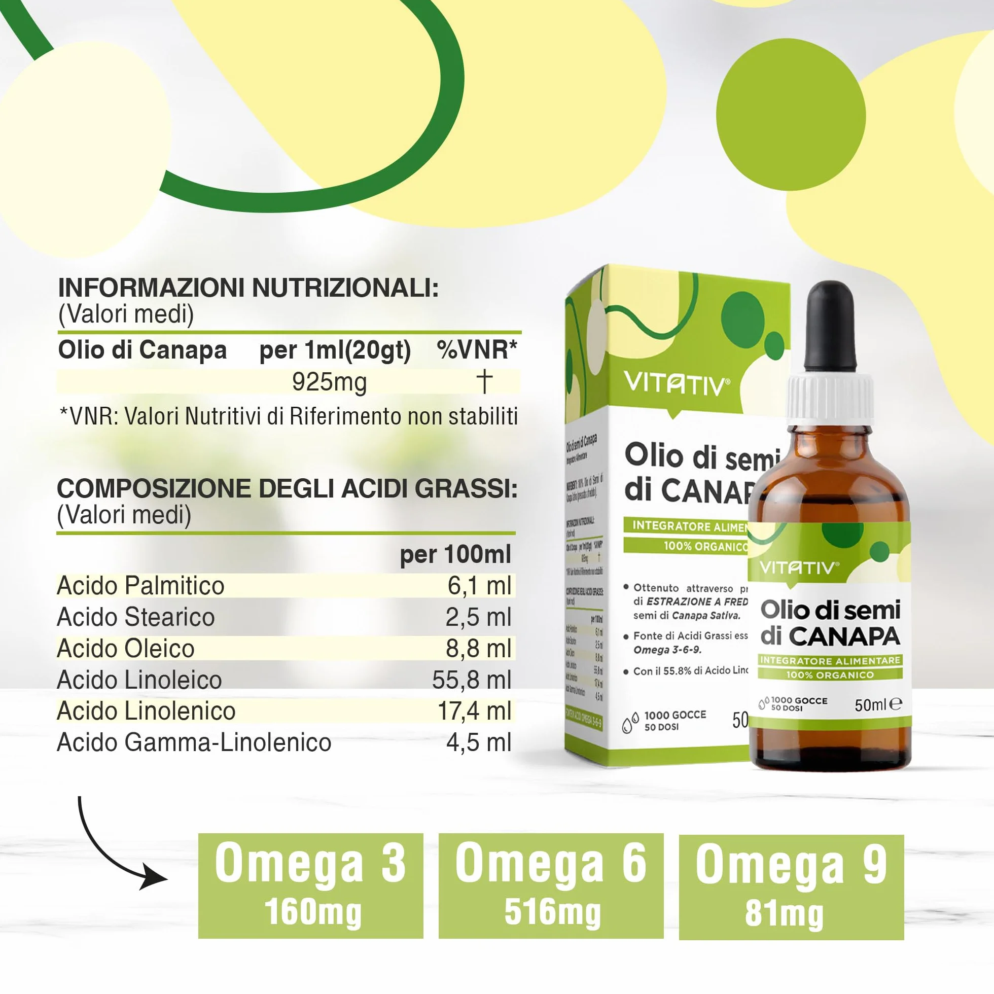 Olio di Canapa Puro 50ml Fonte Vegana di Omega 3 6 9, Vitamine e Minerali - Olio di Semi di Canapa Pressato a Freddo