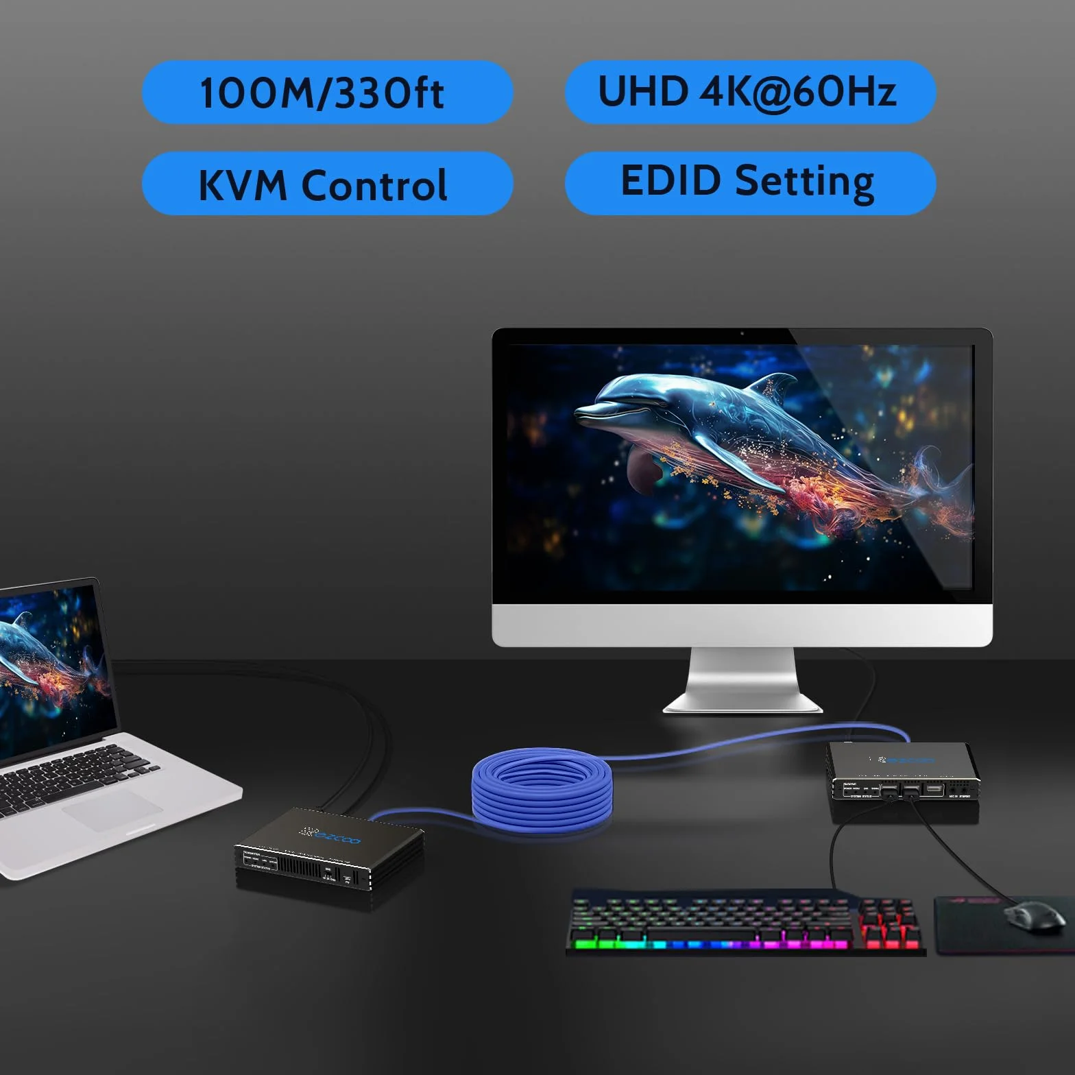 ROFAVEZCO 4K HDMI KVM Extender USB Non compresso 4K 60Hz HDR Singolo Tramite Cat5e/6 Fino a 300ft, Hub USB2.0 a 3 Porte Poe+RS232+EDID+Audio Stereo da 3,5 mm e Microfono, EX70H2KVM