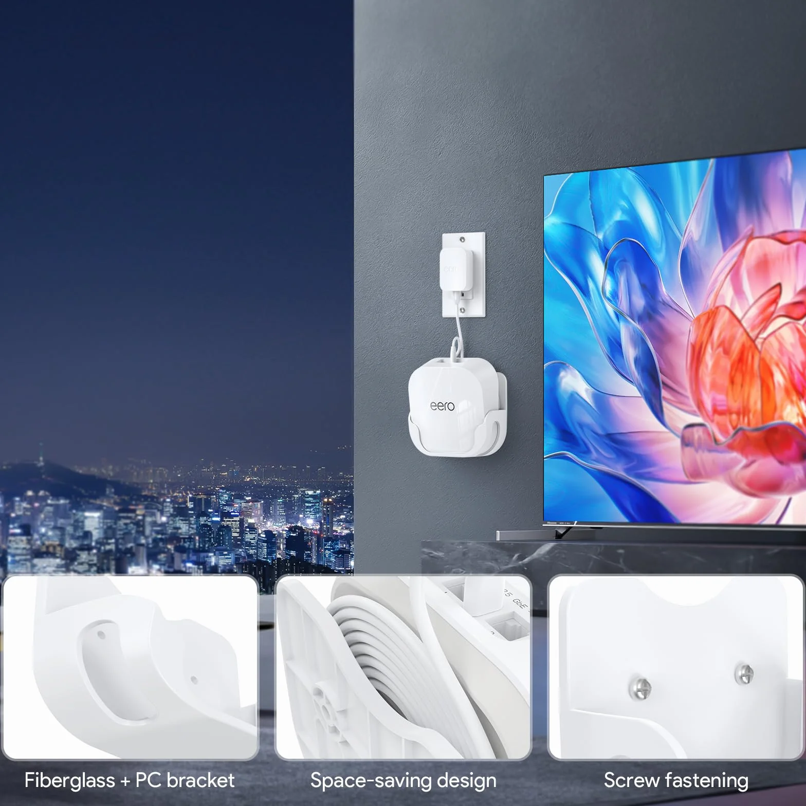 Eero 7 kit di montaggio a parete, staffa di montaggio ottimizzata spazio e accessori per la gestione dei cavi, eeros Wifi 7, compatibile con router Wi-Fi 7 a doppia banda