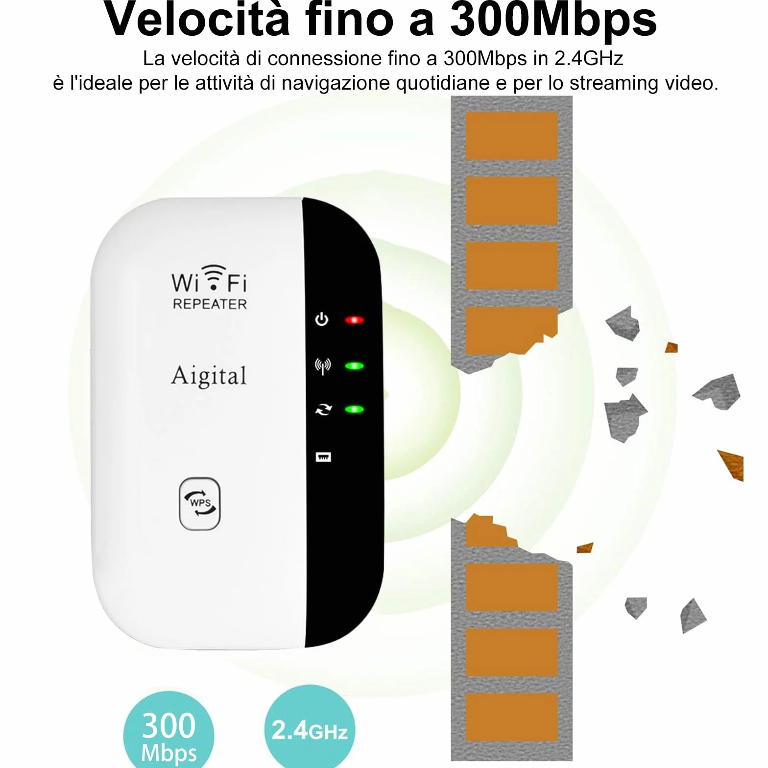 Ripetitore Wireless WiFi Extender e Access Point per Casa, Amplificatore Segnale WiFi, Velocità Single Band 300Mbps, Porta LAN, Pulsante WPS, Compatibile con tutti i modem router wifi