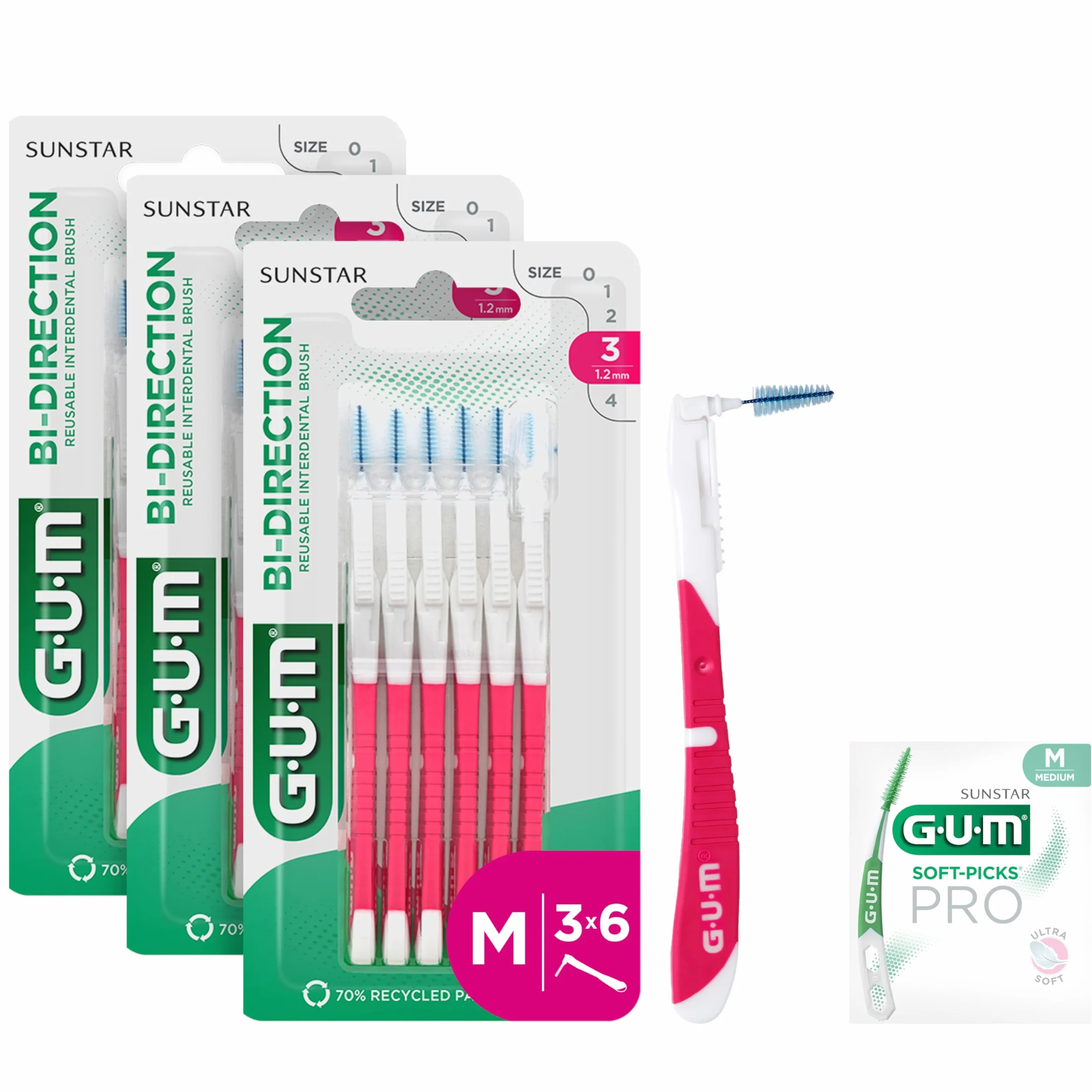 GUM BI-DIRECTION Scovolini interdentali a doppia posizione 1.2mm ISO 3 Taglia M Confezione 3x6