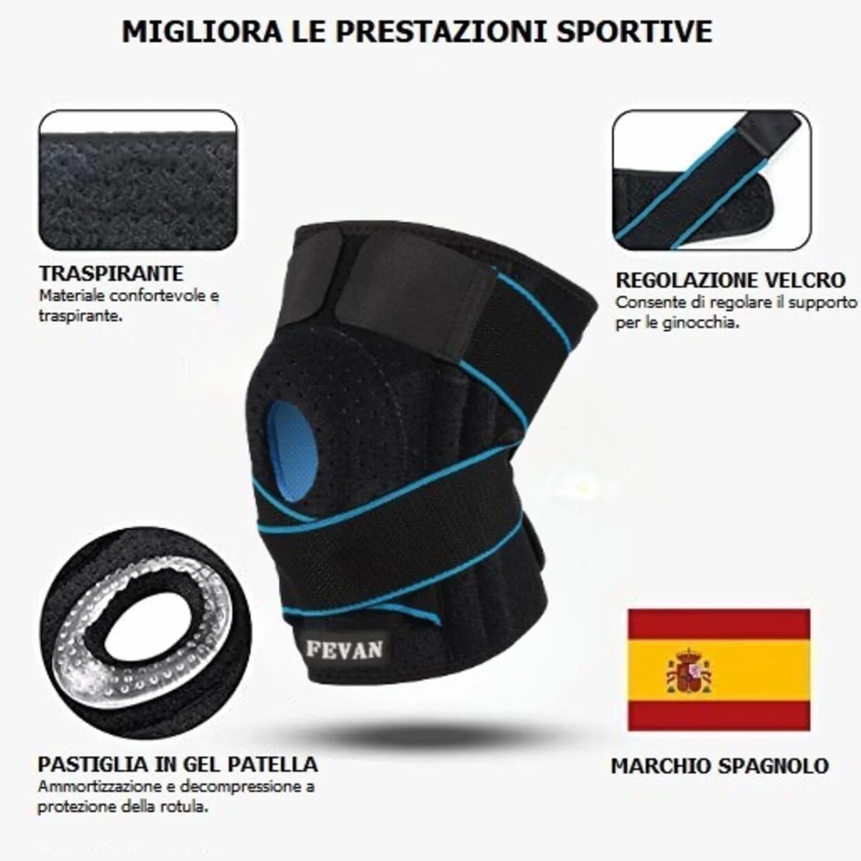 FEVAN Tutore Ginocchio Regolabile Ortopedica con Silicone Nero/Blu