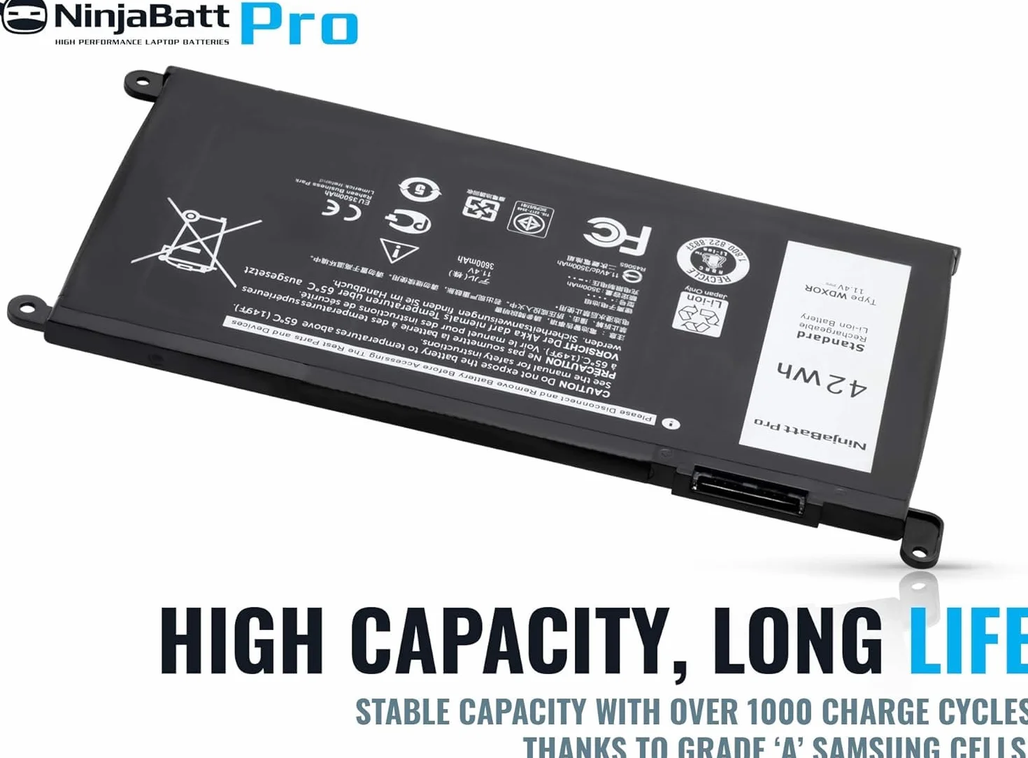 NinjaBatt Batteria per Dell WDX0R P69G Inspiron 13 15 5000 7000 5570 5567 7579 5578 5568 7569 5579 5565 7573 13 7378 5378 7368 5379 5368 7375 17 5767 Y3F7Y - [42Wh/11.4v]