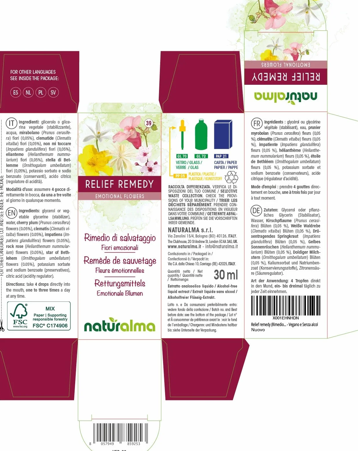 Naturalma Fiori di Bach Gocce 30 ml Estratto liquido analcoolico Essenze floreali Vegano