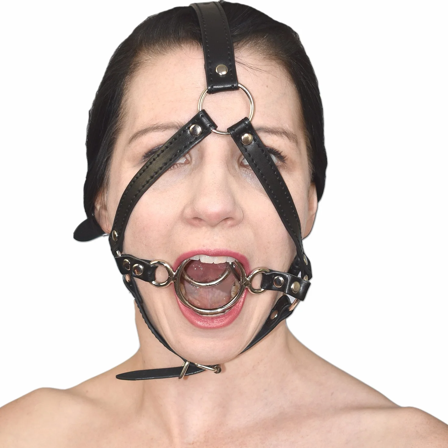 Bavaglio con 2 Anelli in Metallo Apribocca Ring Gag Imbracatura Similpelle BDSM Bondage Clinico Feticismo