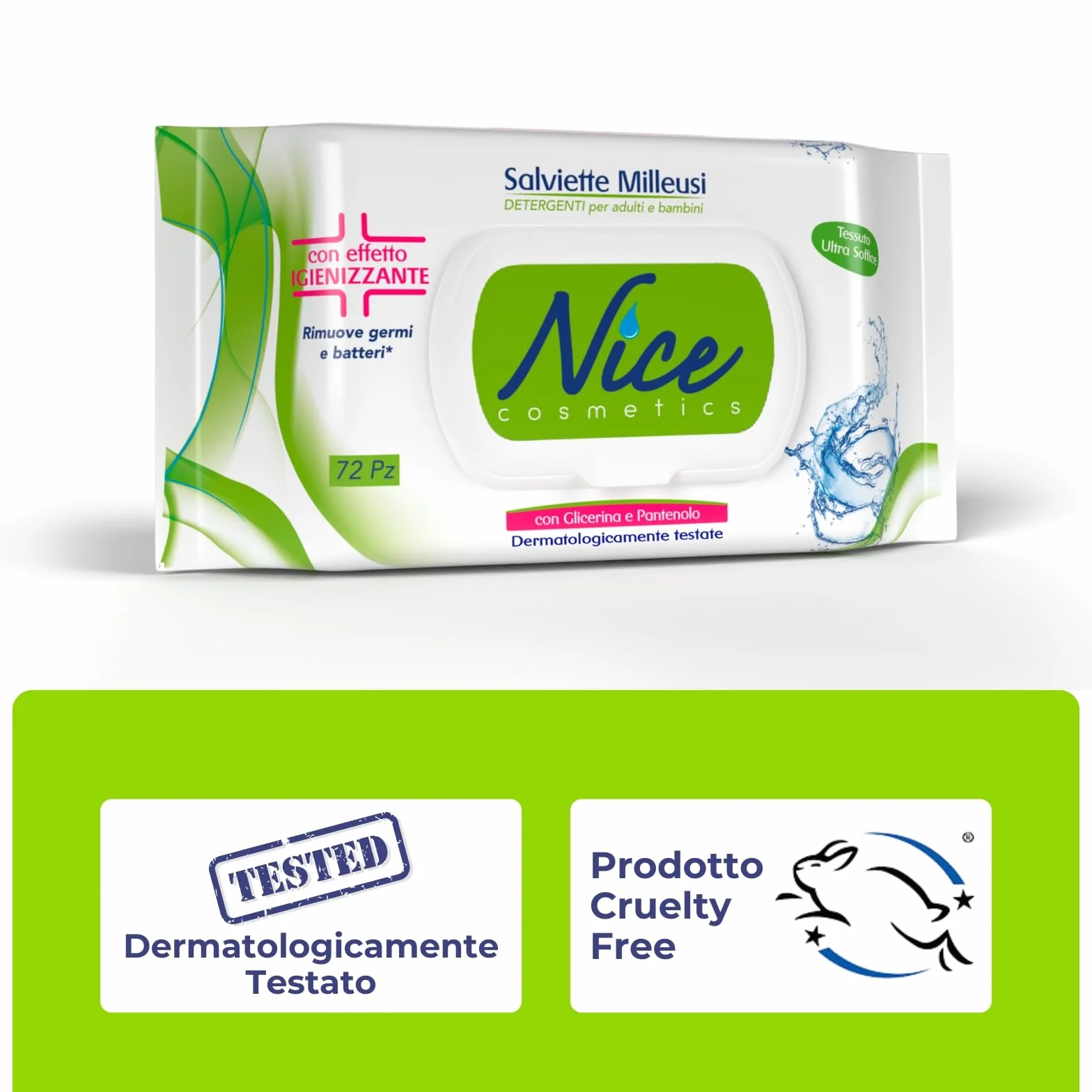 Nice Salviette Milleusi Igienizzanti con Glicerina e Pantenolo, 72 Salviette Umidificate