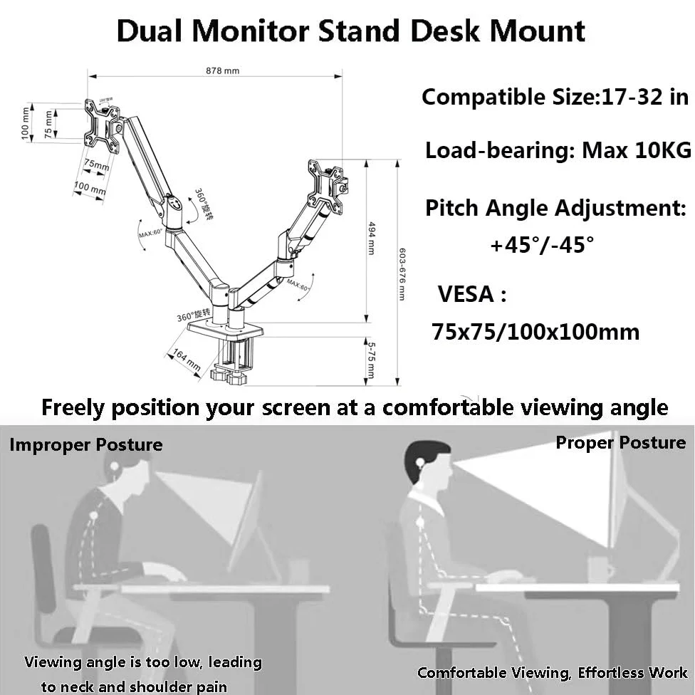 Supporto Per Doppio Monitor, Braccio Ergonomico Da Scrivania Per Monitor Da 17 A 32 Pollici – Portata Fino A 10 Kg (22 Lbs) – Regolabile In Altezza, Girevole, Inclinabile E Ruotabile Black