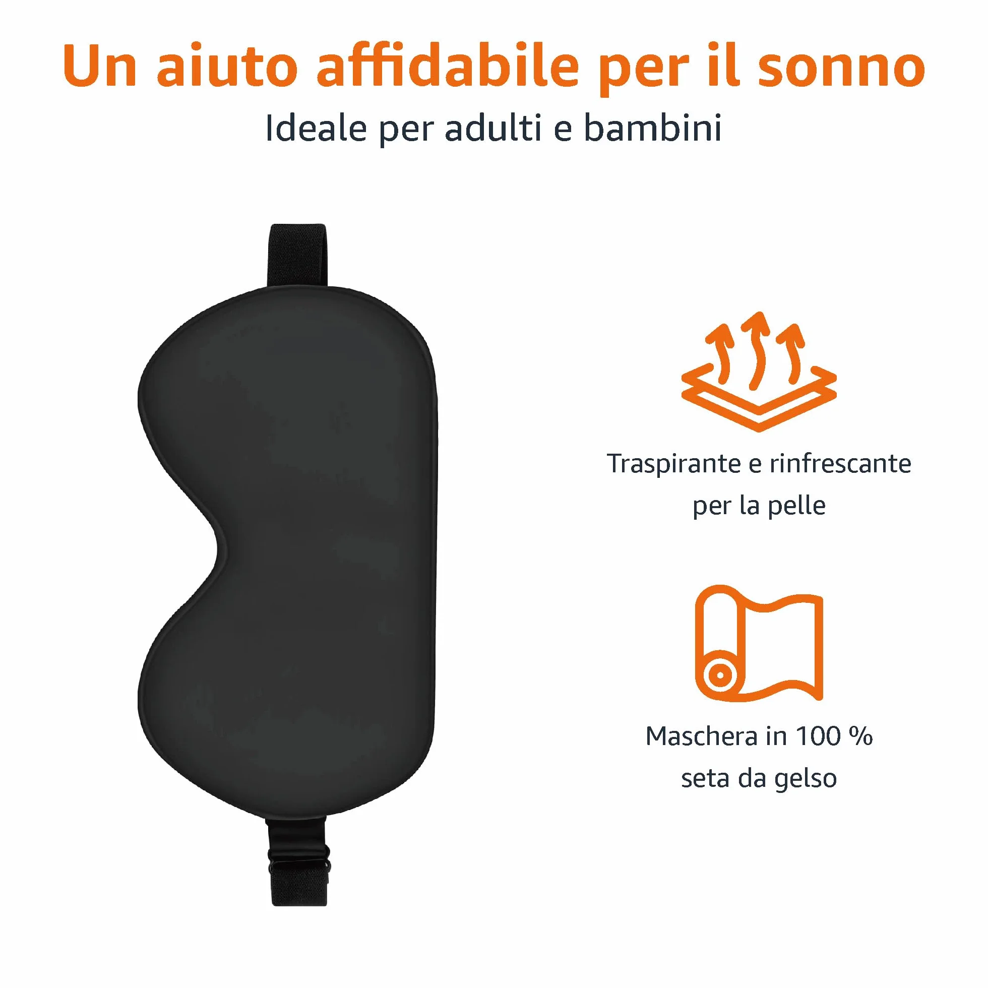 Amazon Basics Mascherina sagomata per dormire in vera seta di gelso naturale, 21.5 x 11.2 cm, Nero