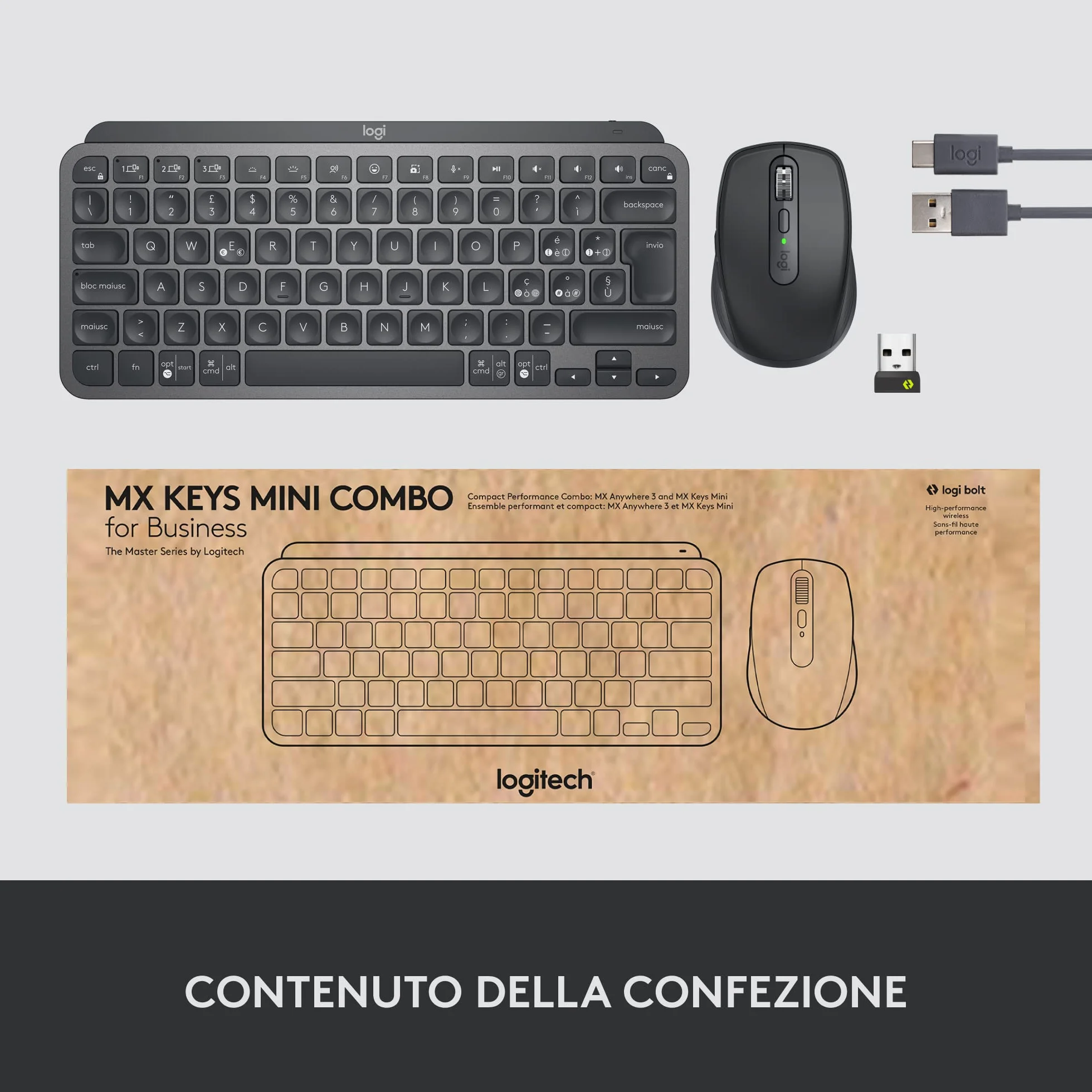 Logitech MX Keys Mini Combo for Business, compatto, tastiera e mouse senza fili, tecnologia Logi Bolt, Bluetooth, certificato Windows/Mac/Chrome/Linux - Grigio