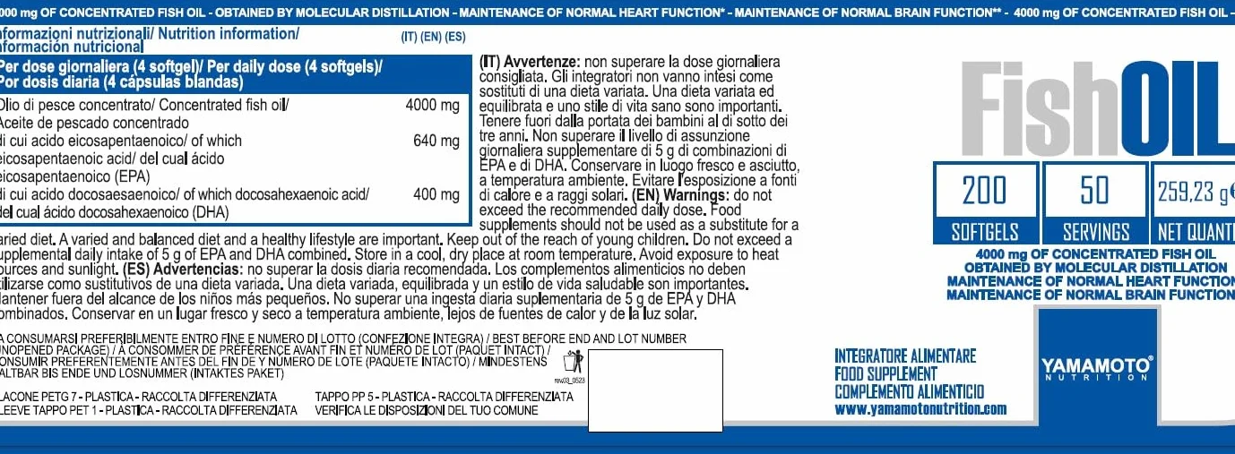 YAMAMOTO NUTRITION Fish Oil Molecular Distillation 200 Softgels Omega 3 EPA DHA Integratore Alimentare