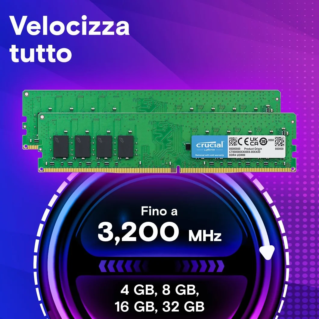 Crucial RAM DDR4 8GB 3200MHz CL22, Memoria PCMemoria ad Alte Prestazioni (o 2933MHz / 2666MHz) - CT8G4DFRA32A