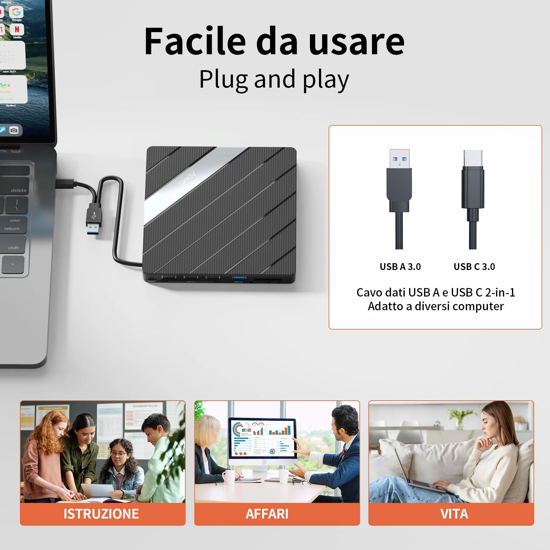 Alxum Unità DVD Esterna per Computer Portatile CD/DVD con Lettore di Schede SD&TF e porte USB 2.0 USB 3.0, Disco CD Esterno USB e USB C per Laptop, Desktop, MacBook, Windows, Linux, Mac OS, Vista