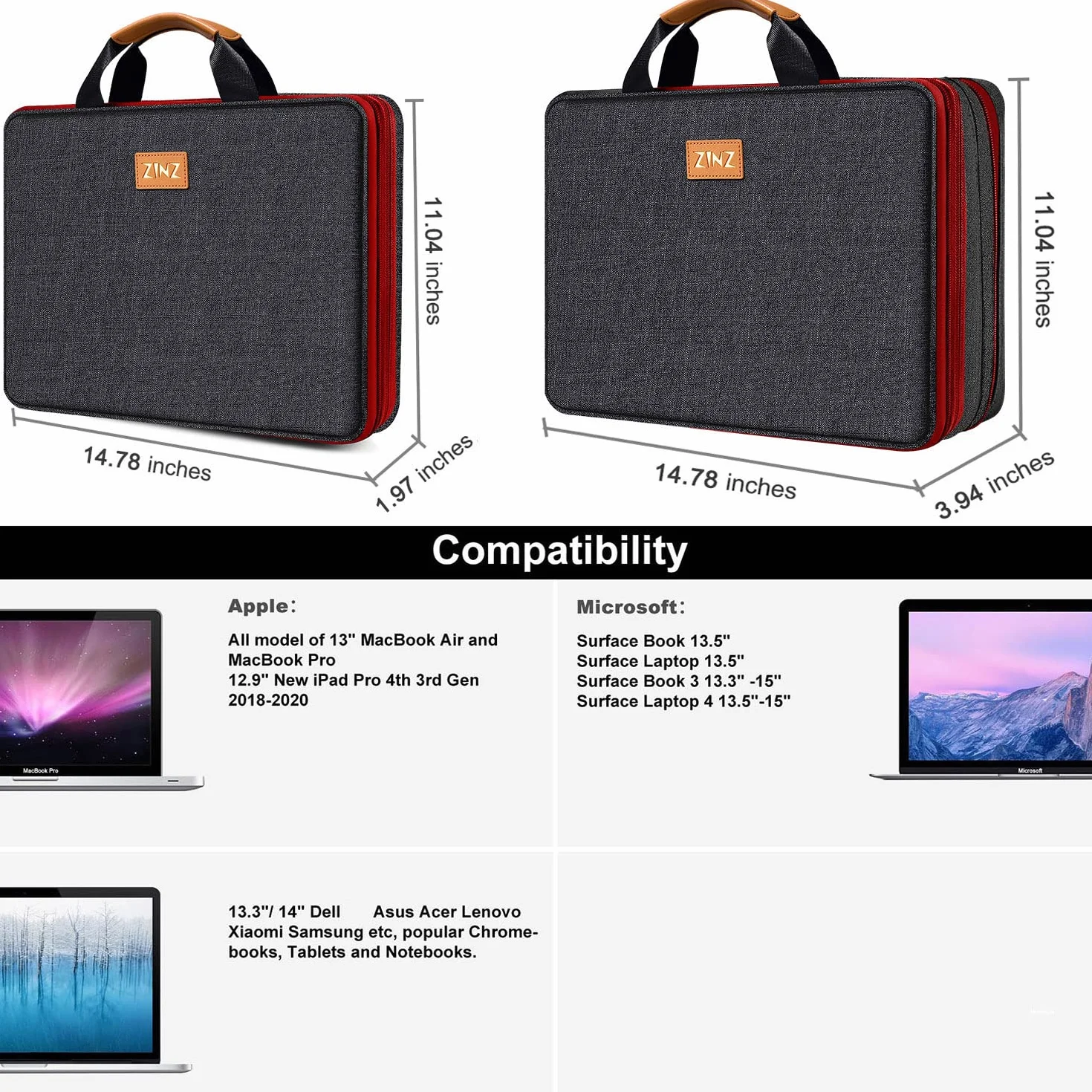ZINZ Custodia per laptop sottile ed espandibile da 13, 14, 15, 16 pollici, impermeabile, borsa multiuso per accessori per PC