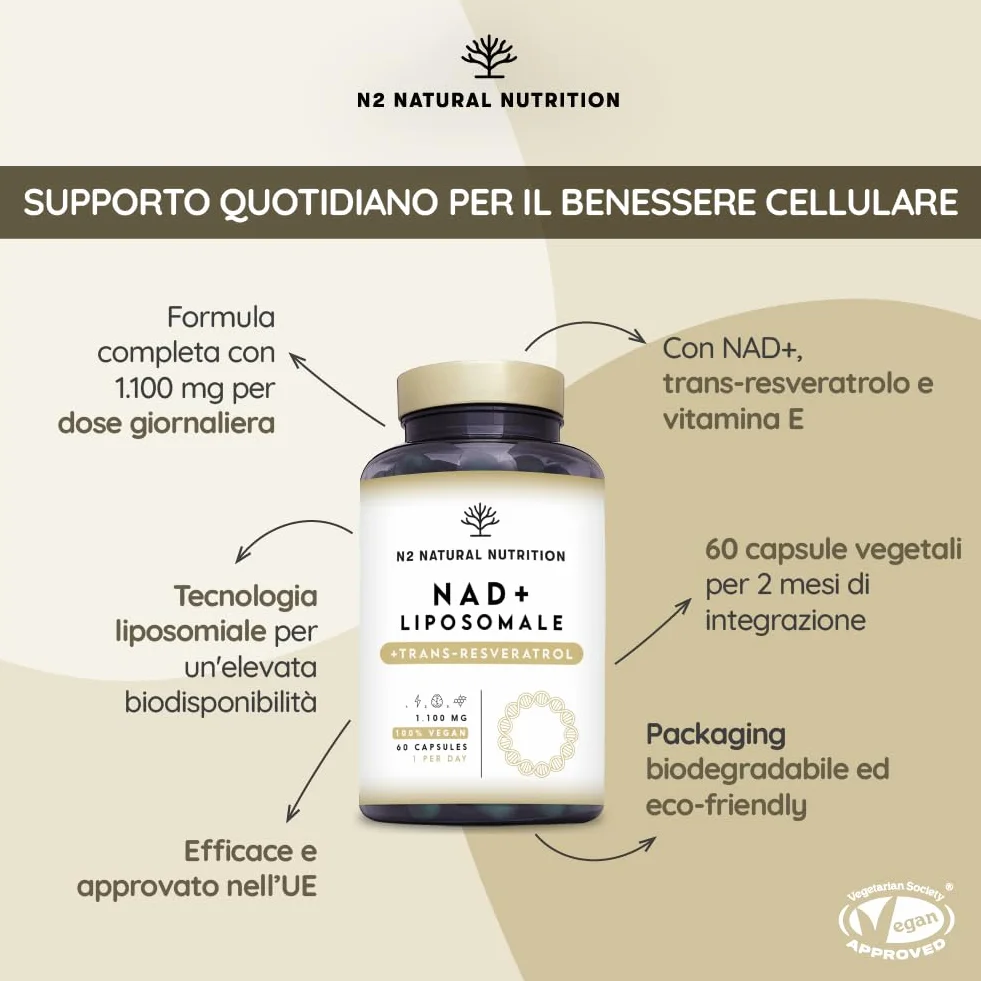 N2 Natural Nutrition NAD+ Trans Resveratrolo 1100 mg con Nicotinamide Riboside, Niacina e Vitamina E. Integratore Liposomal. 60 Capsule