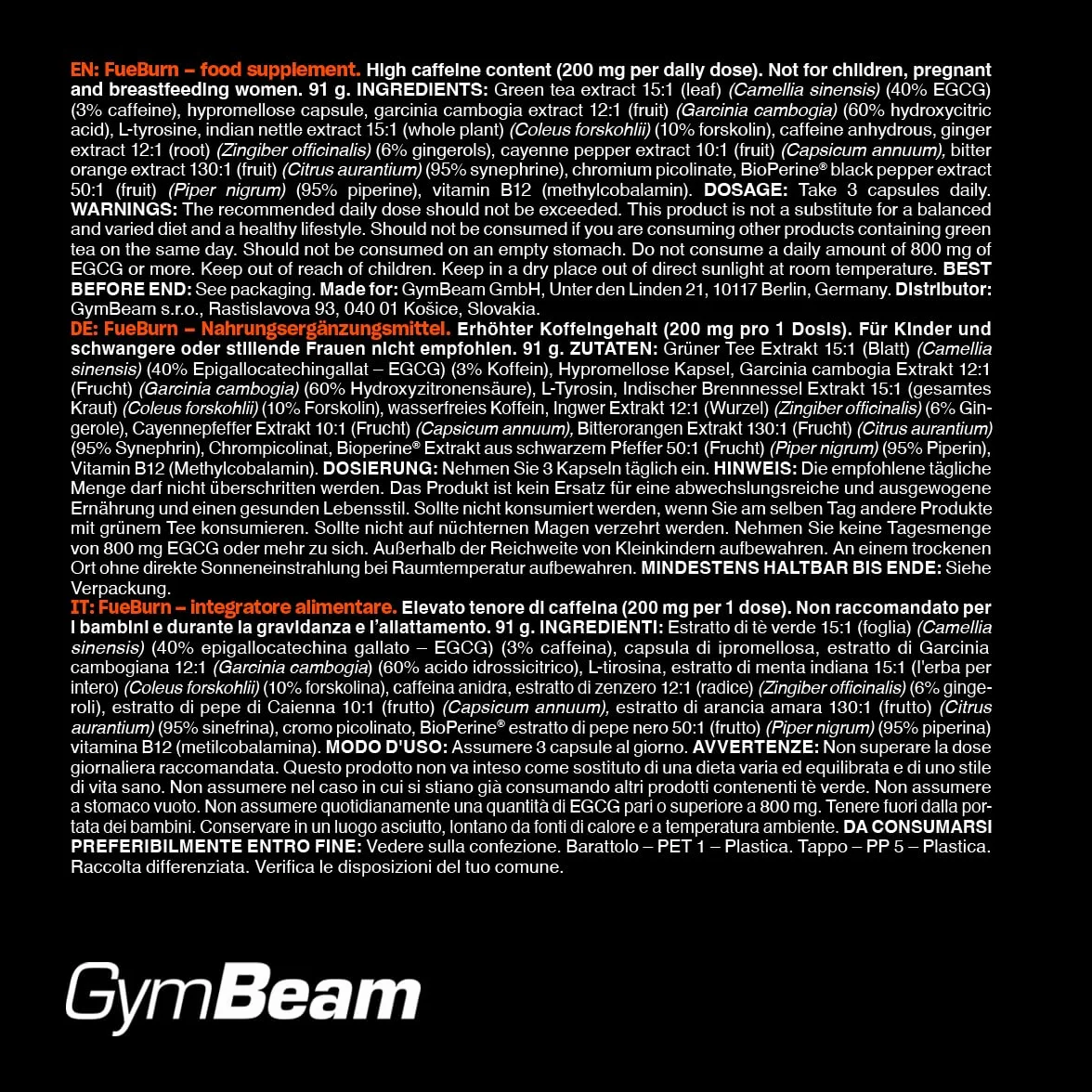 GymBeam FueBurn Bruciagrassi Termogenico Integratore Dimagrante con Tè Verde, Caffeina e Sinefrina, 60 Capsule