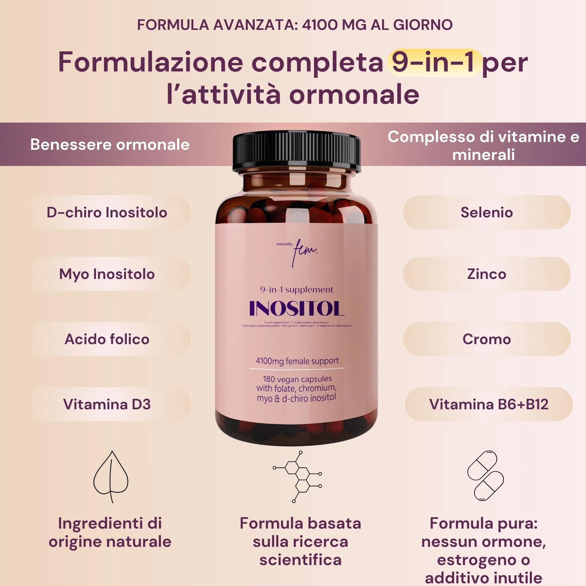Myo Inositolo e D-Chiro Inositolo Integratore 4100mg - Capsule Vegane - Supporto Metabolico, Equilibrio Ormonale - 9-in-1, Folato 5-MTHF, Cromo, Zinco, Vitamine B6, B12, D3