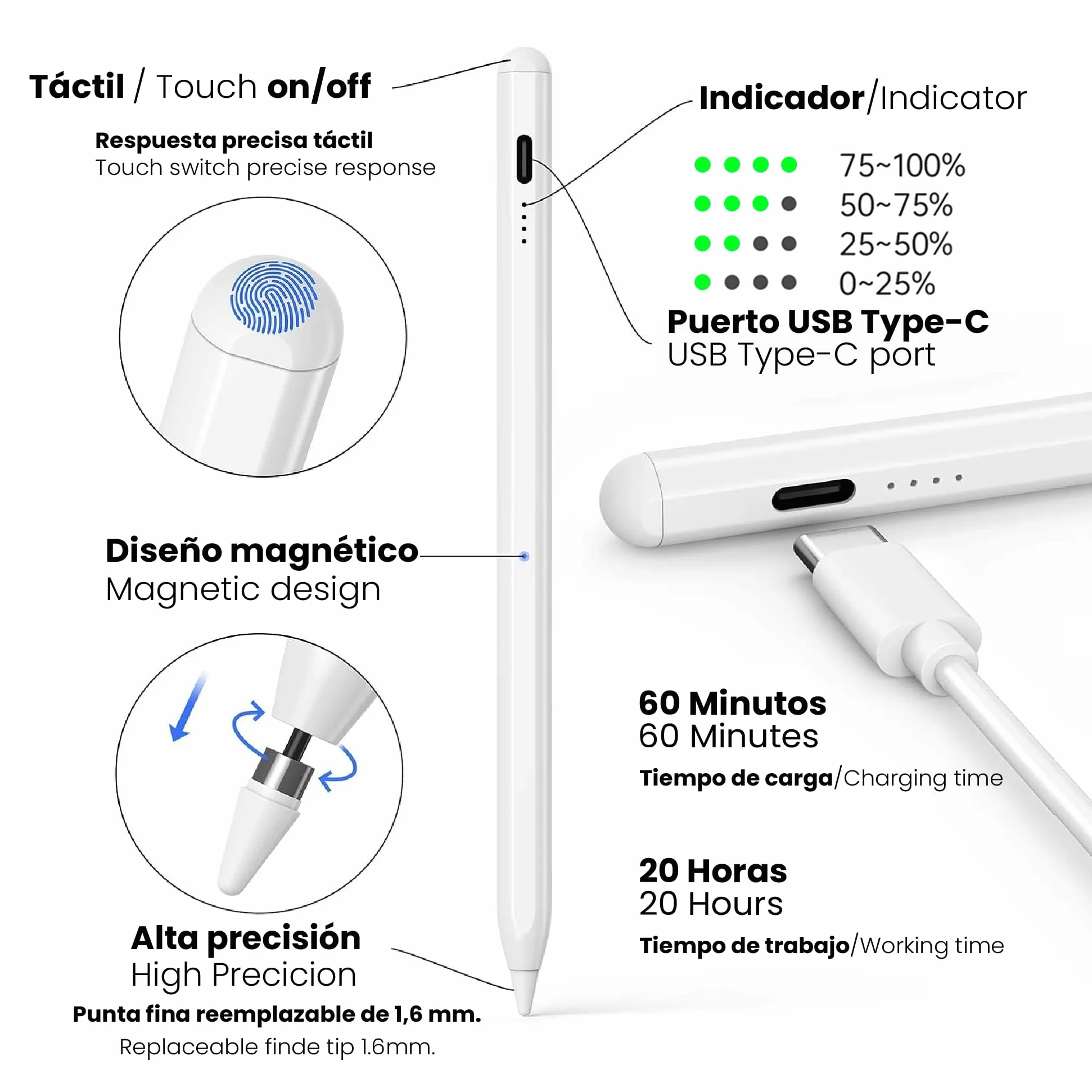 4-Ok Penna per Tablet, Stylus Pencil Compatibile con iPad 10/9/8/7/6, iPad Pro 11"/12.9", Air 3/4/5, Mini 5/6. Penna grafica con rilevazione, inclinazione, rifiuto di palmo e adsorbimento magnetico