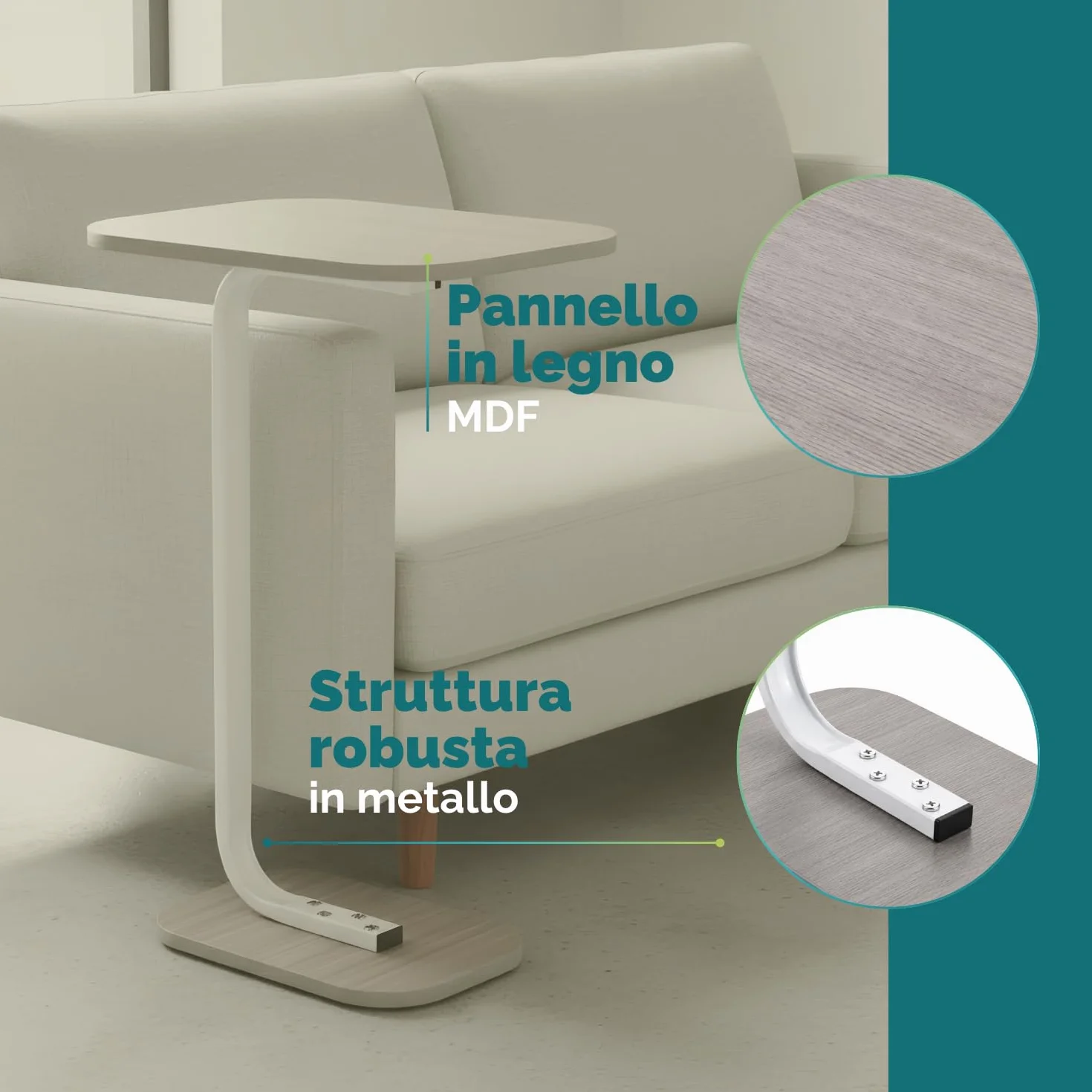 PALUPLUS Tavolino a Forma di C per Divano in Legno MDF, Misura 39x28x55 cm, Tavolo da studio, Lavoro, Supporto per Laptop, Tavolo Servipranzo Letto, Supporto per Pc, Portata 5 Kg -7111F -1,9